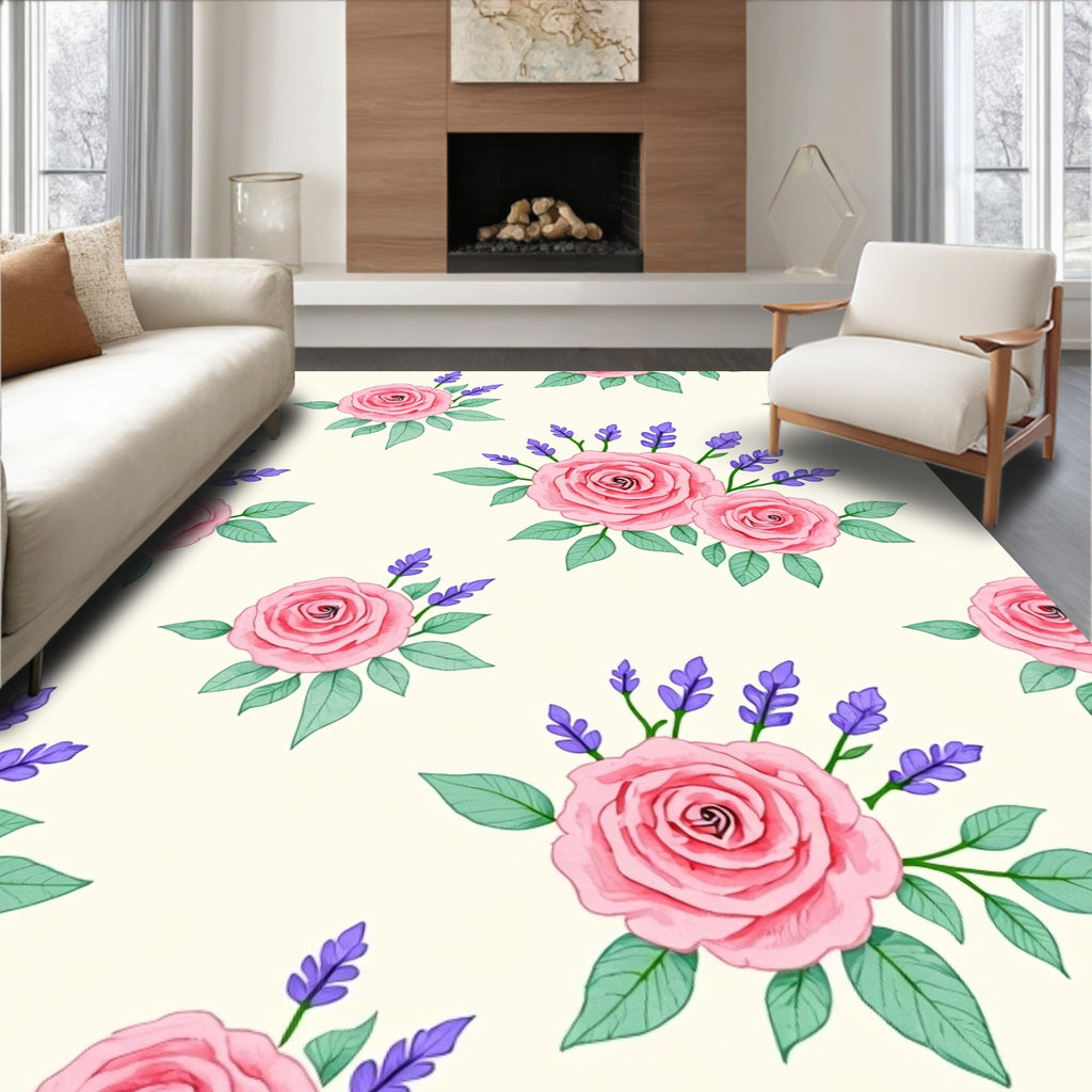 Pink Rose Lavender Botanical Pattern Rug