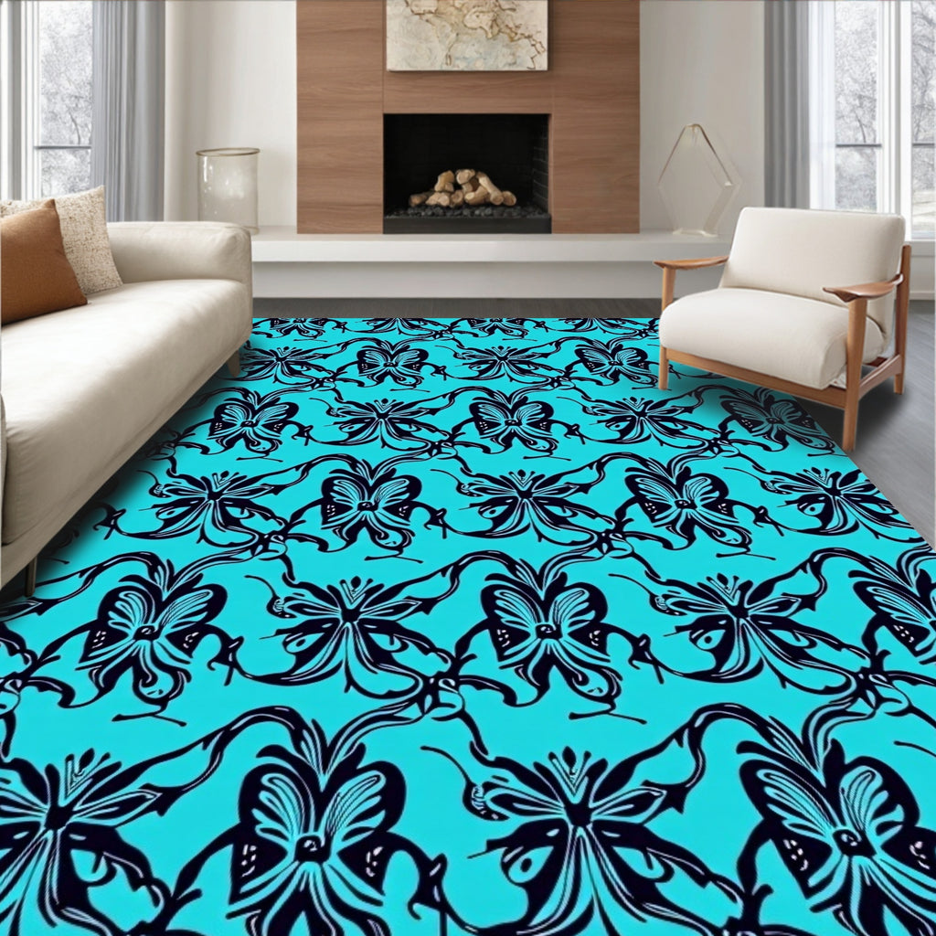 Ornate Teal Black Floral Pattern Rug