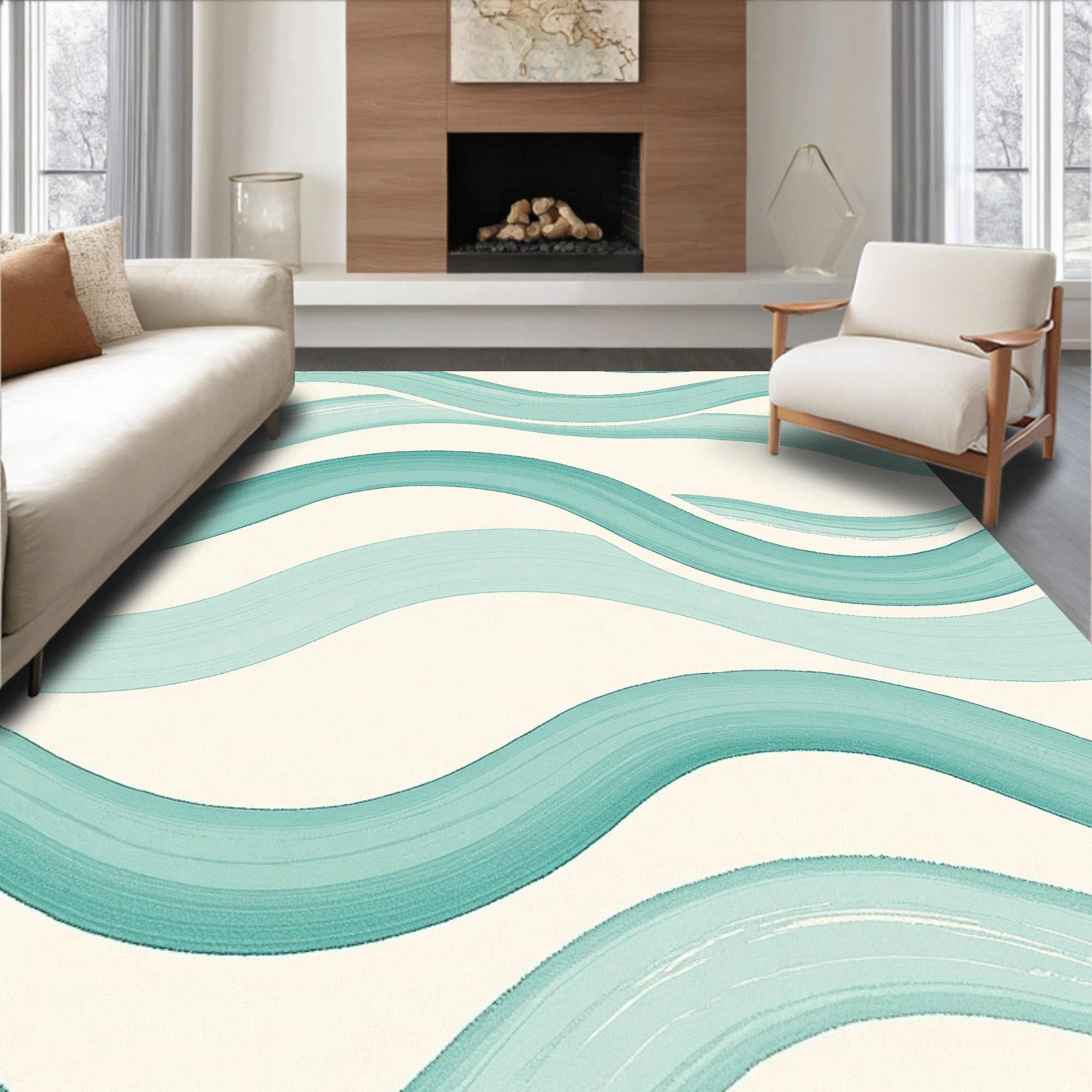 Aqua Brushstroke Waves Pattern Rug