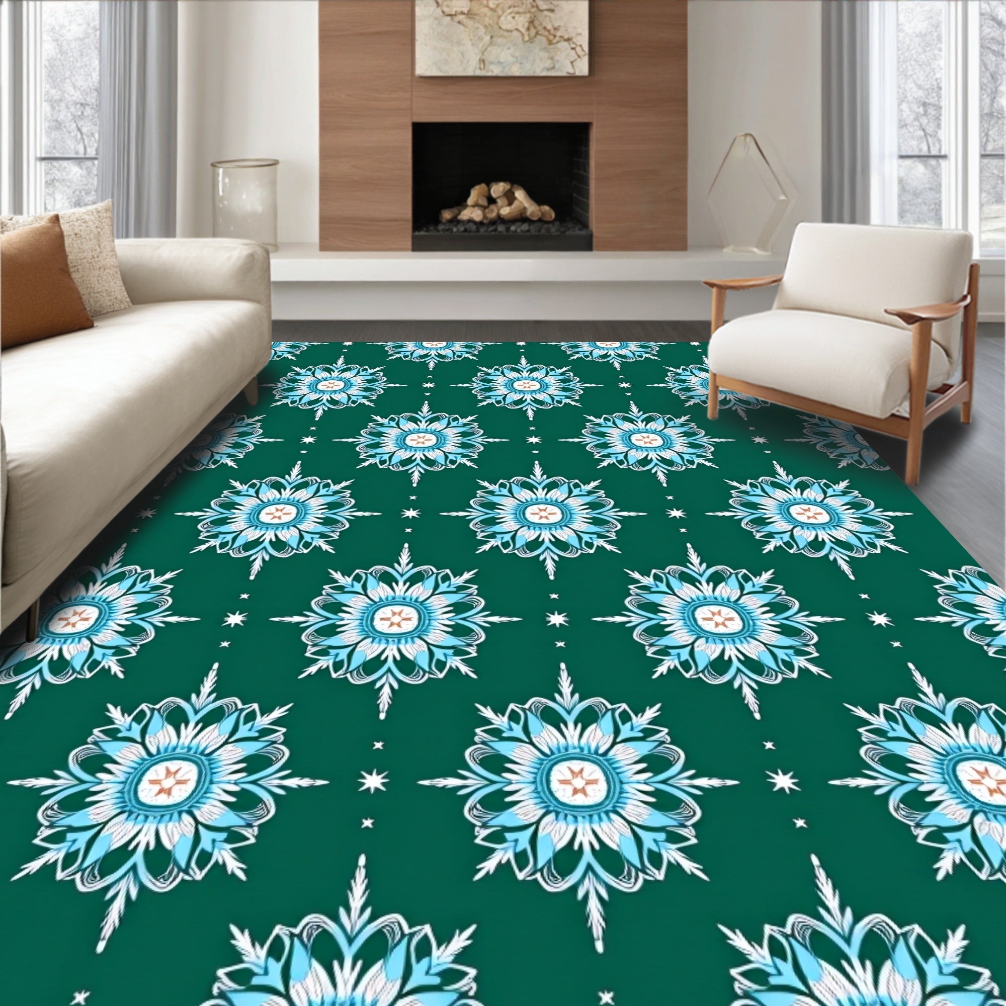 Teal Blue Floral Starburst Medallion Rug