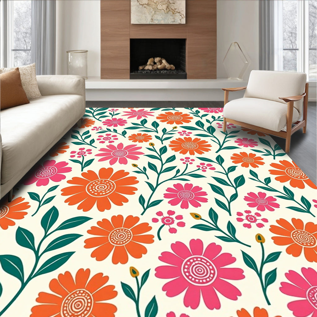 Bright Orange Pink Floral Pattern Rug