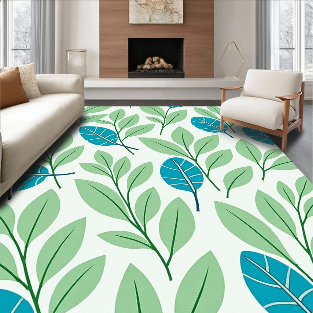 Abstract Teal Leafy Pattern Rug