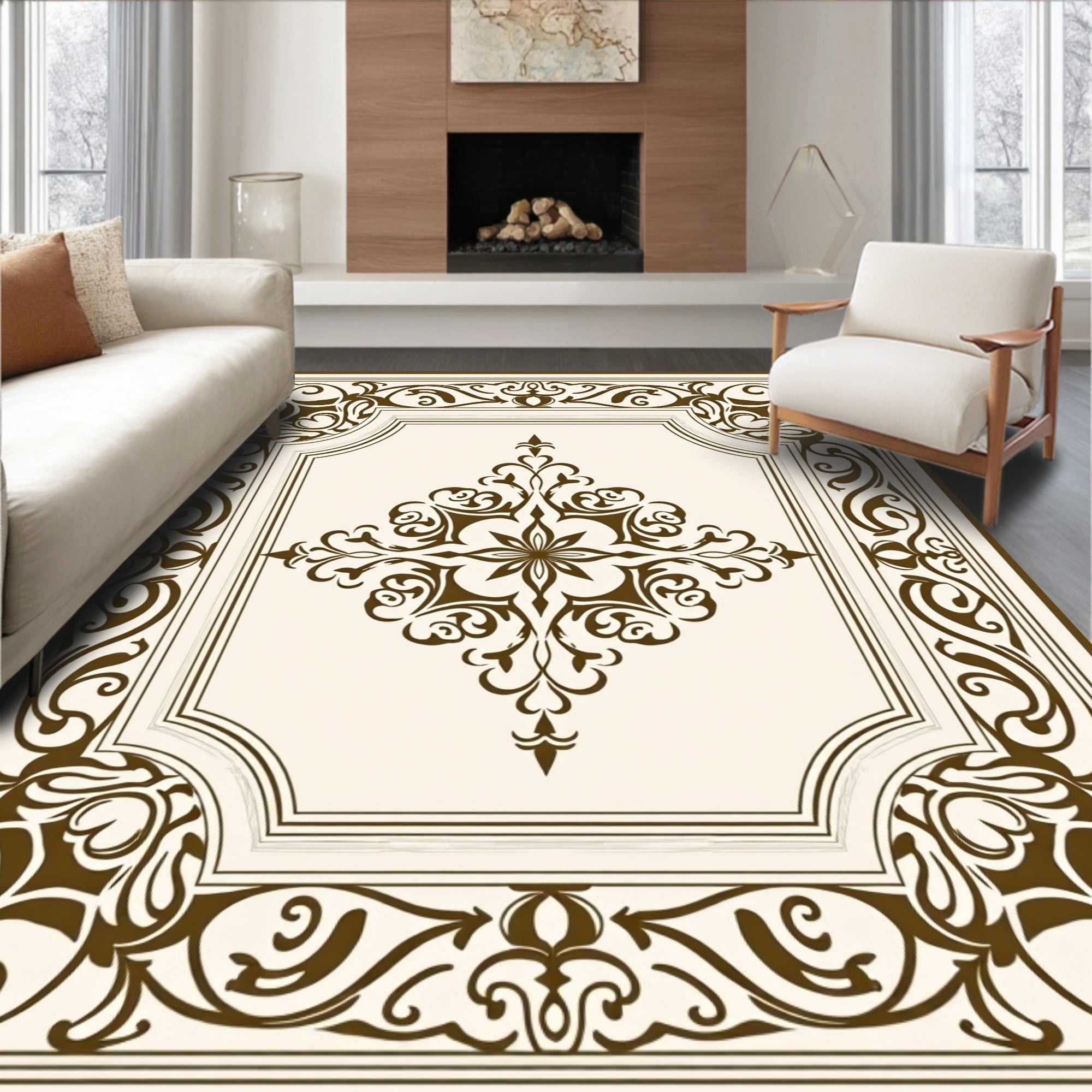 Ornate Brown Cream Scroll Medallion Rug