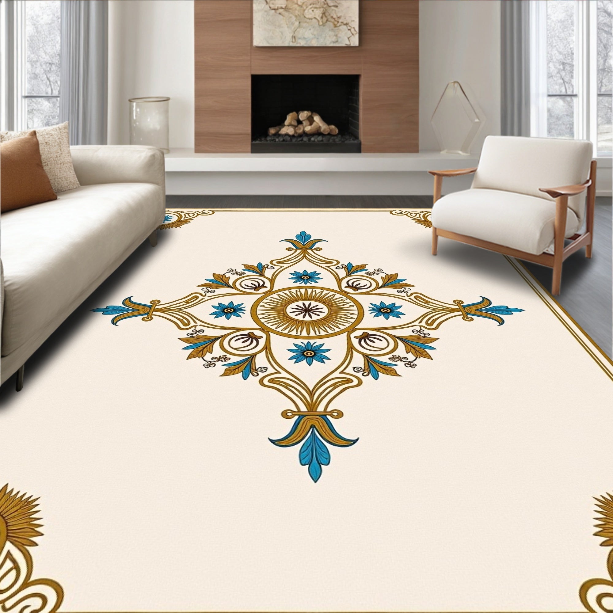 Ornate Floral Sunburst Mandala Design Rug