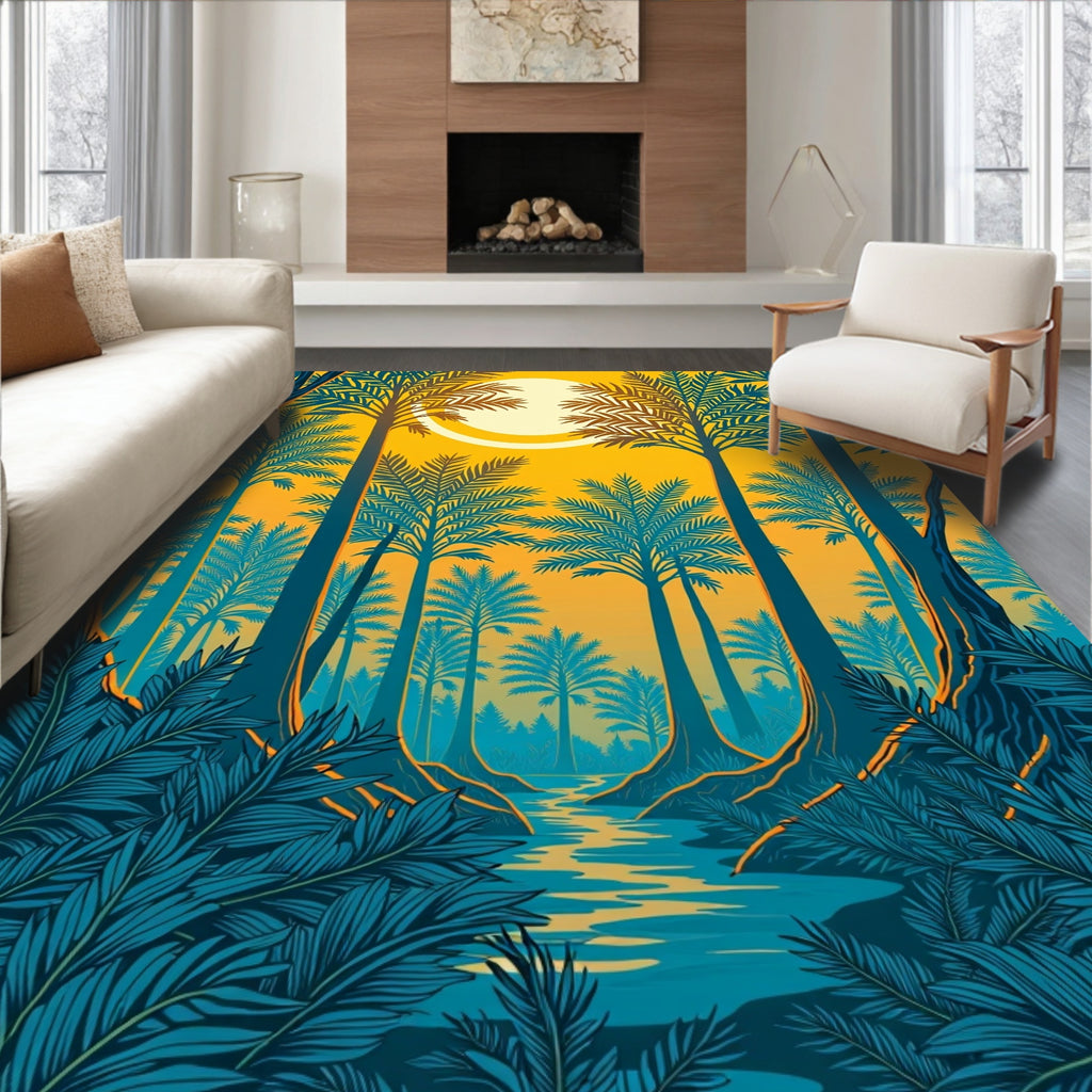 Lush Jungle Fantasy Palm Scene Rug