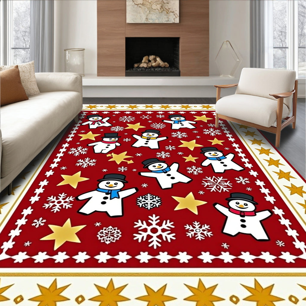 Festive Snowmen Gold Stars Pattern Rug