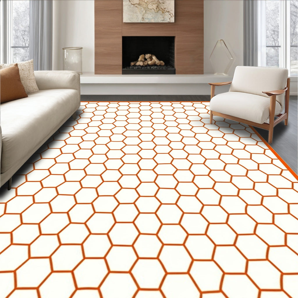 Geometric Honeycomb Pattern Orange Rug