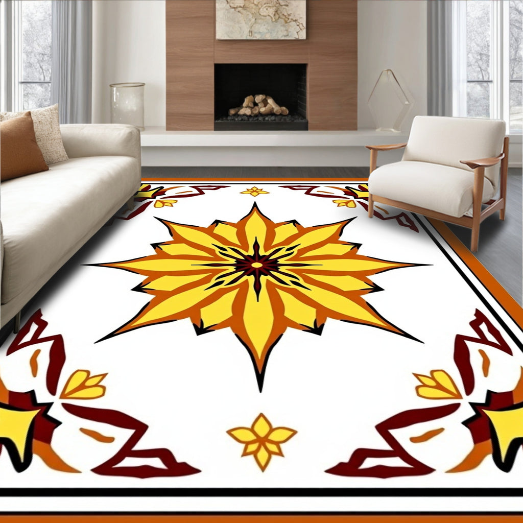 Bold Yellow Floral Starburst Pattern Rug