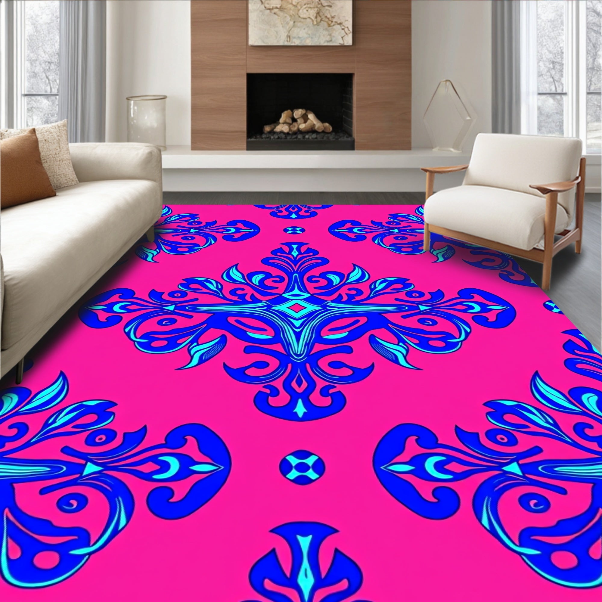 Vivid Blue Floral Arabesque Pattern Rug
