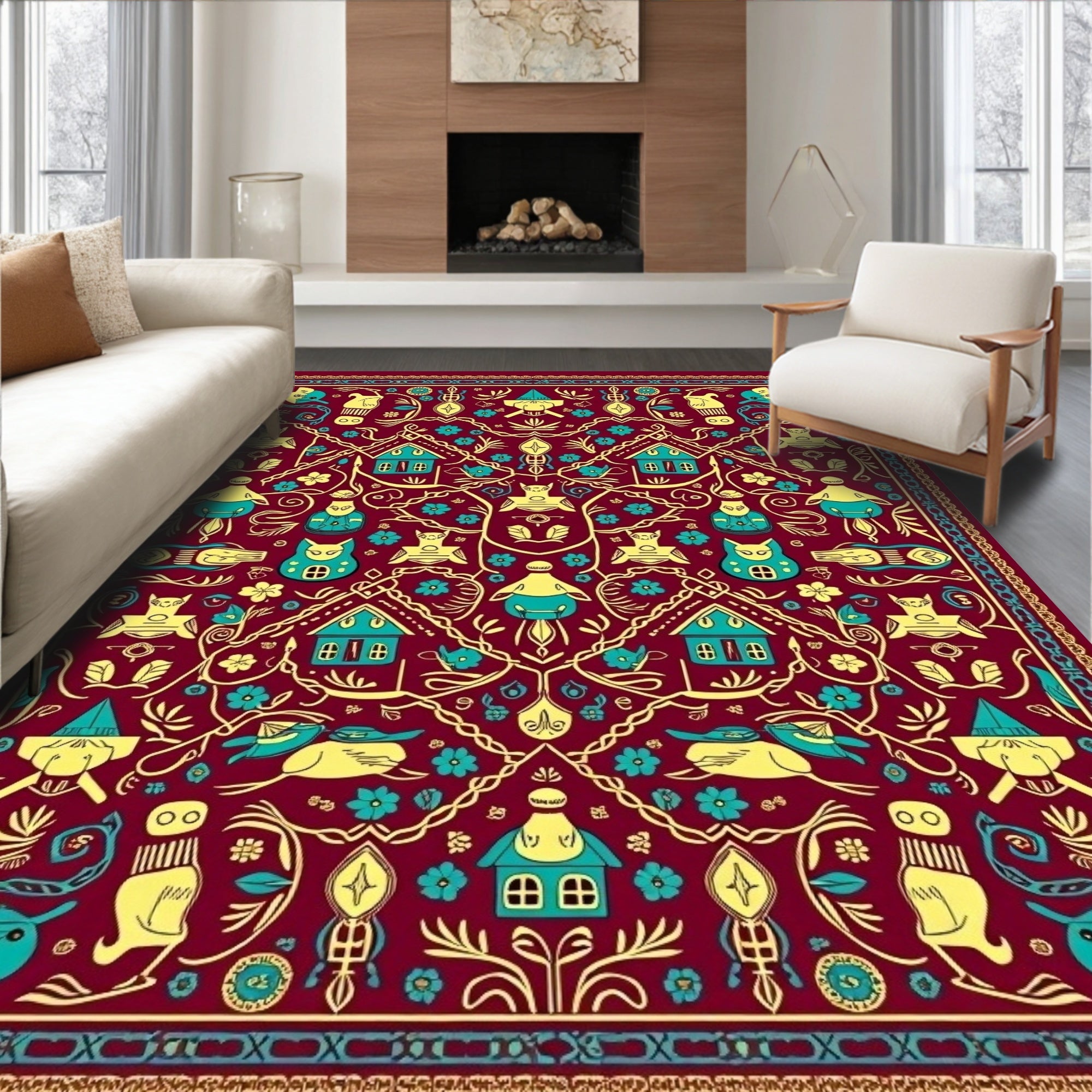 Whimsical Folk Art Village Pattern Rug