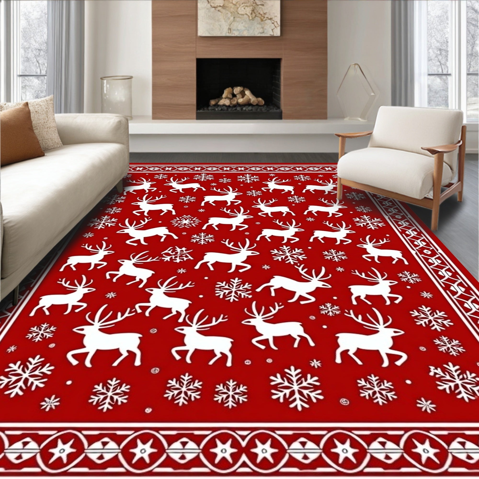 White Reindeer Snowflake Festive Pattern Rug