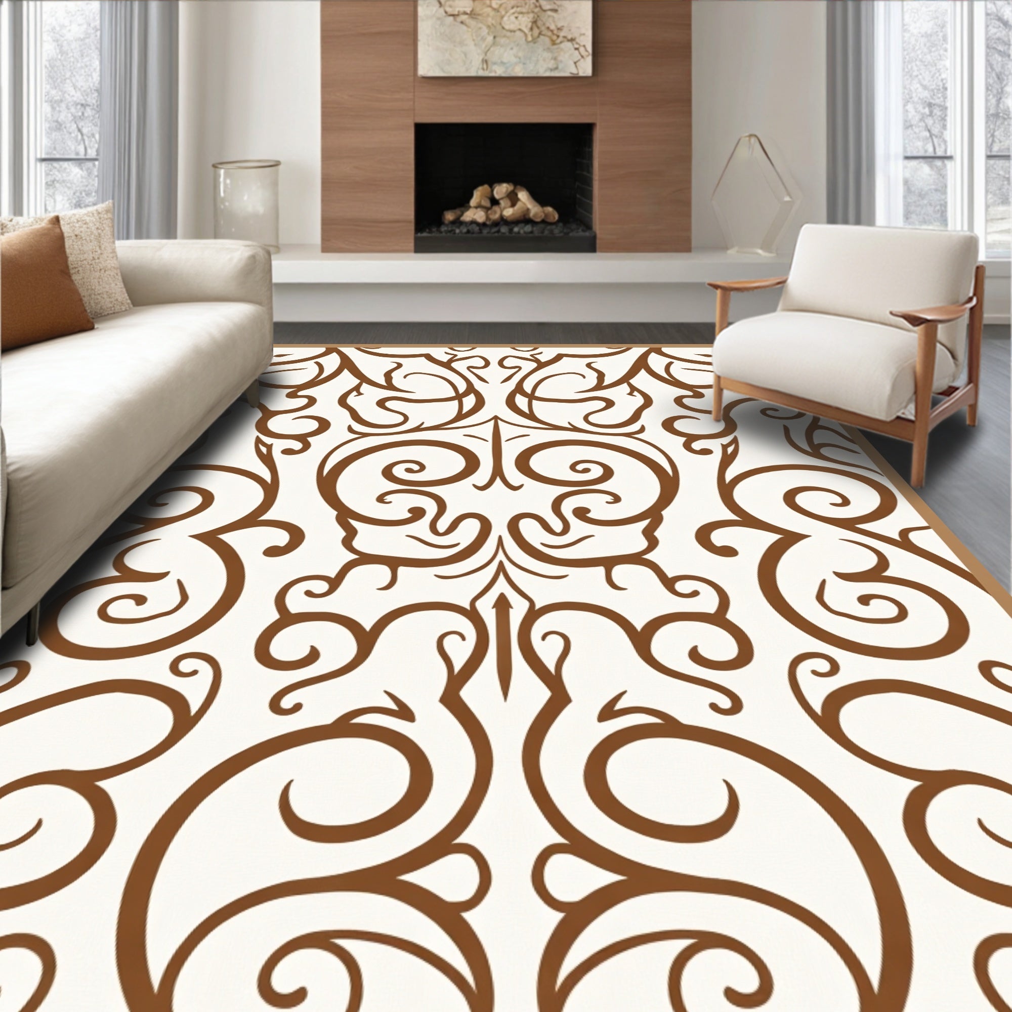 Classic Brown Scrollwork Damask Rug