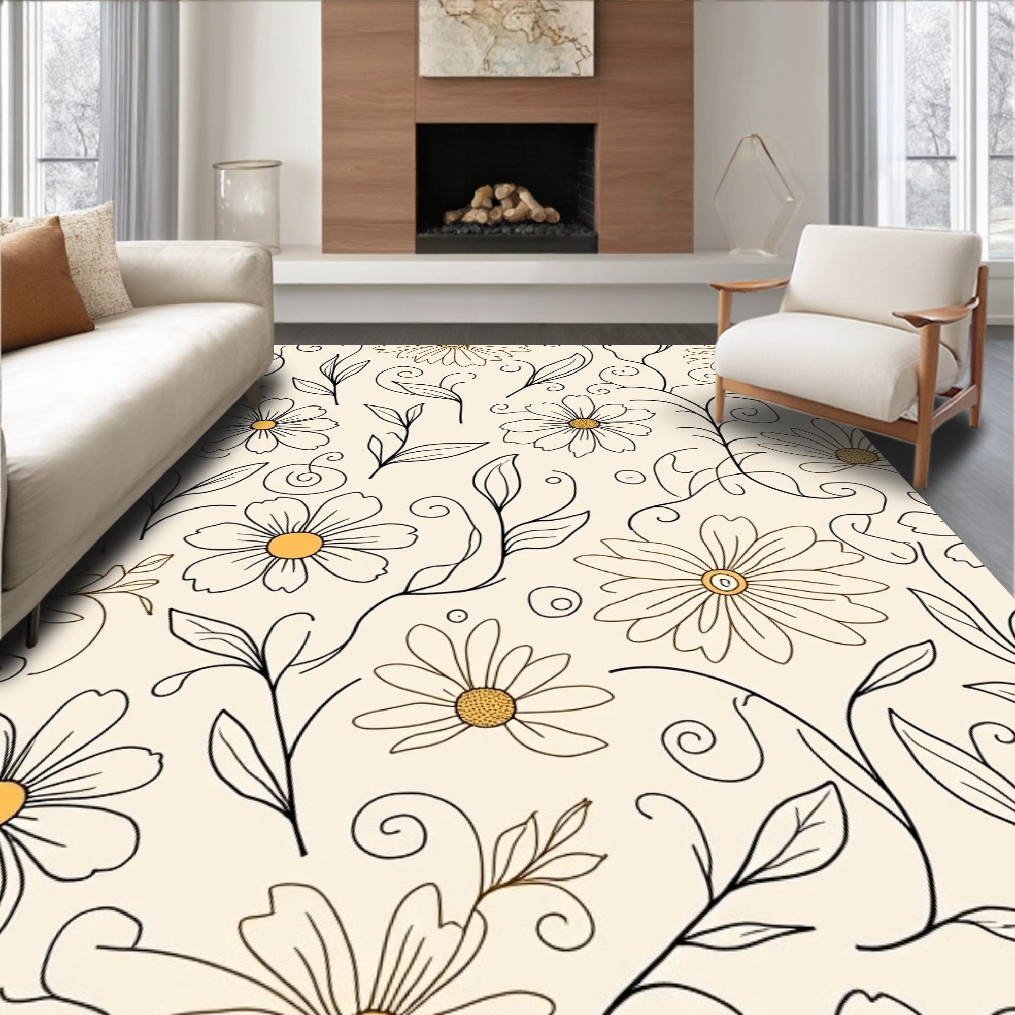 Delicate Daisy Pattern with Swirls Rug