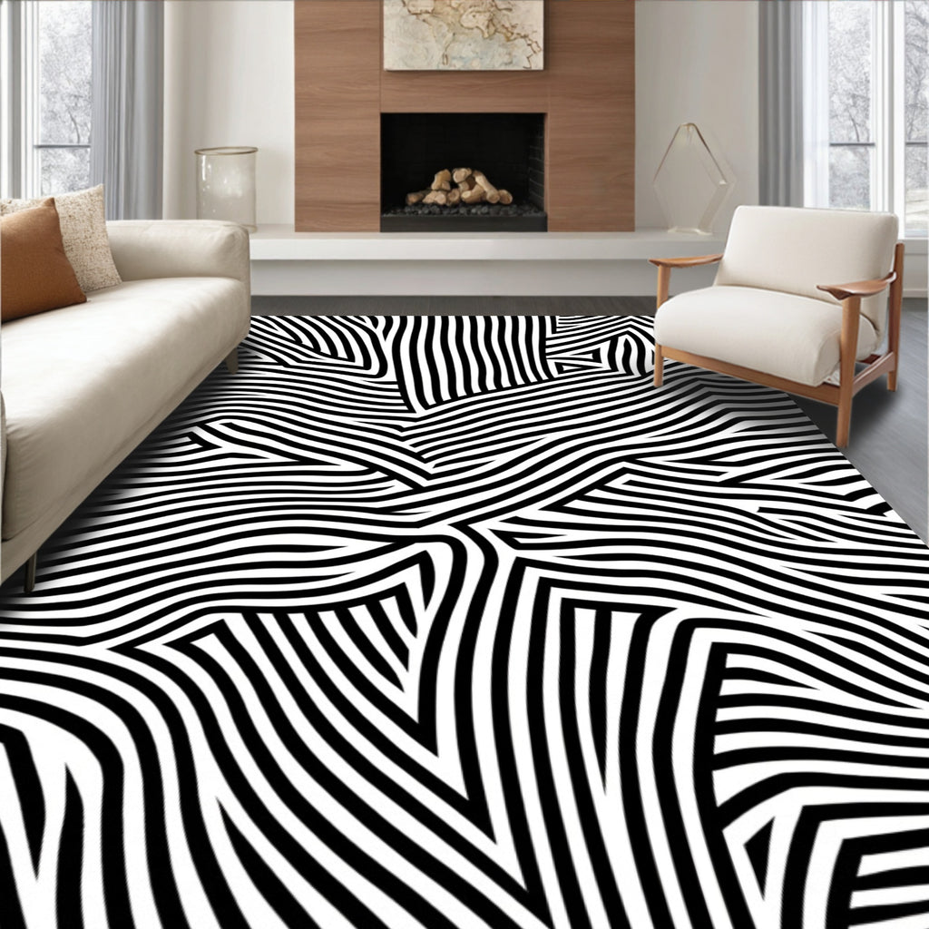Graphic Black White Abstract Stripes Design Rug