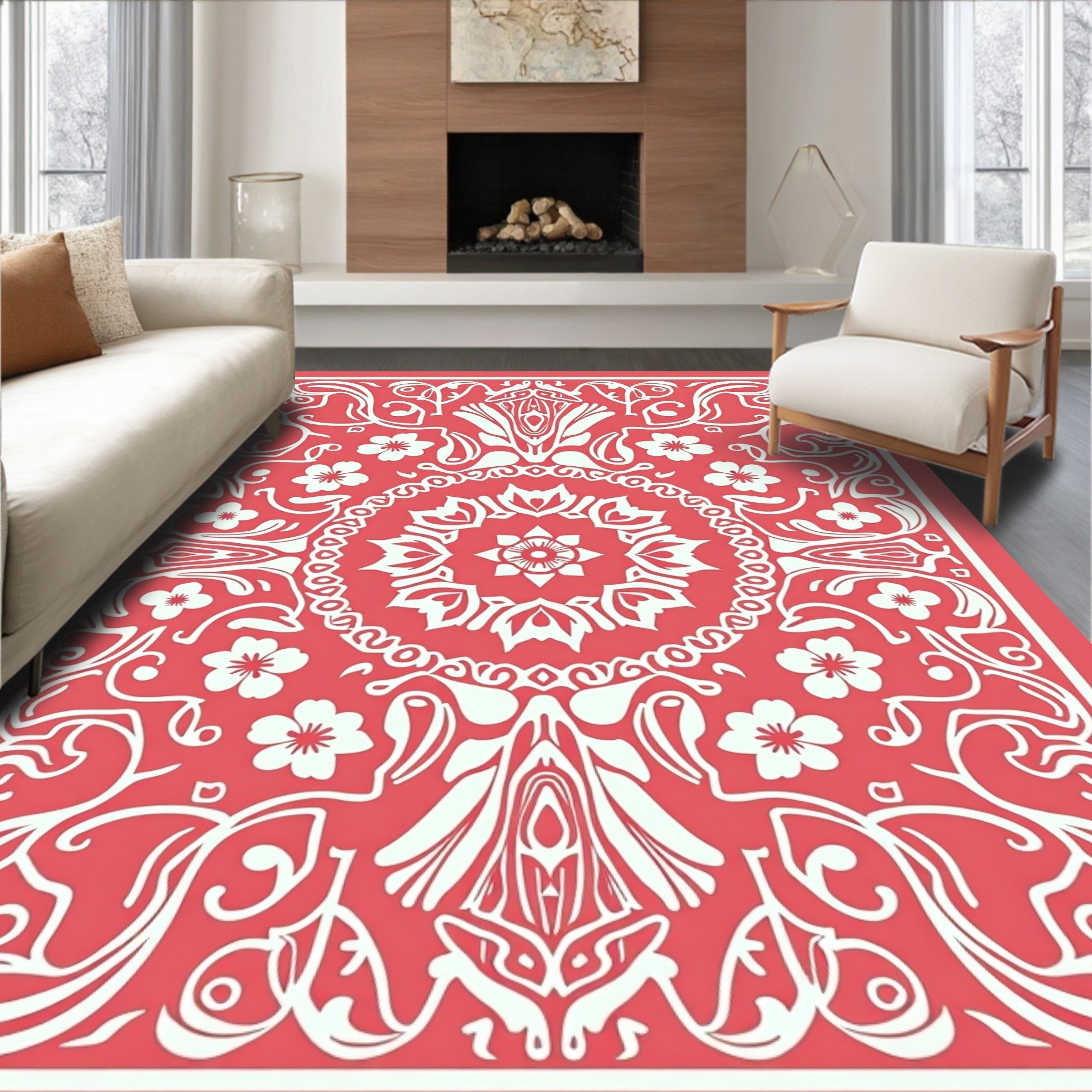 Floral Mandala Patterned Coral Design Rug
