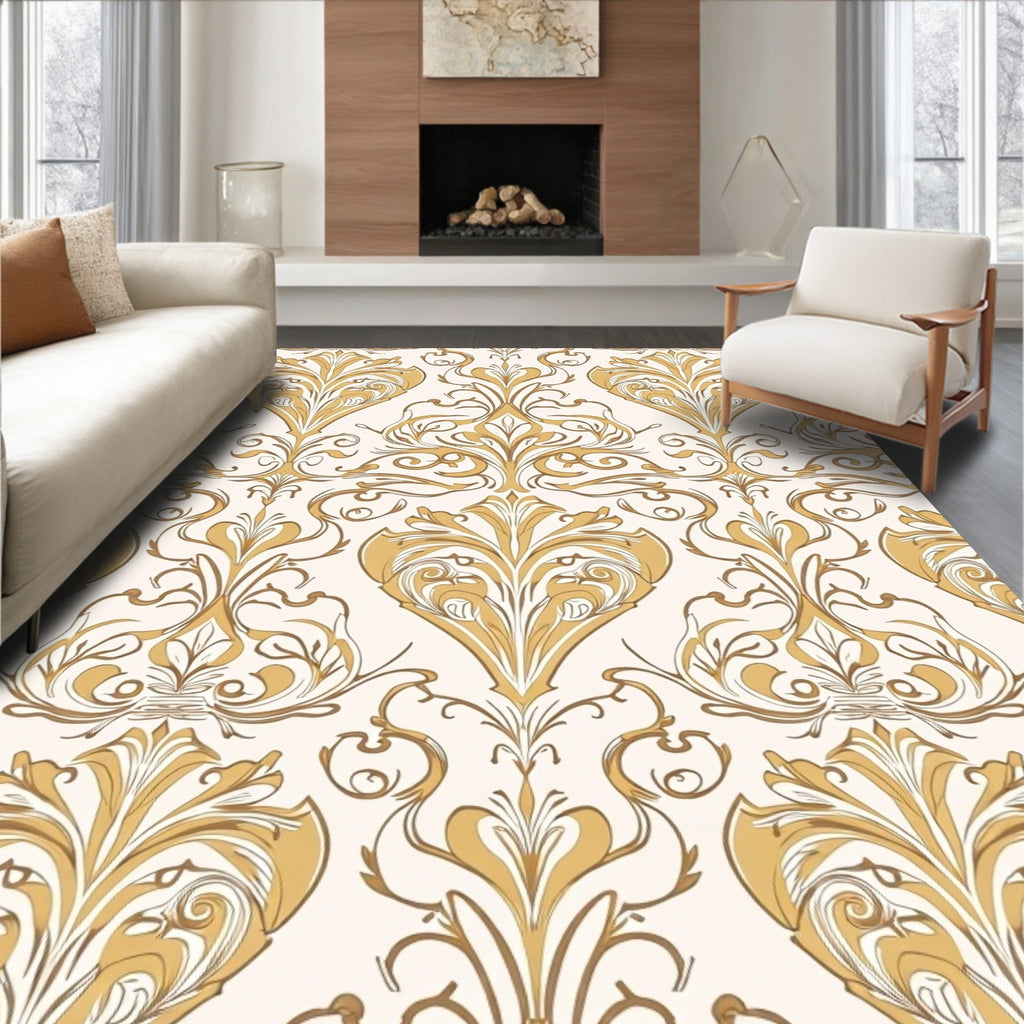 Gold Damask Flourish Pattern Rug