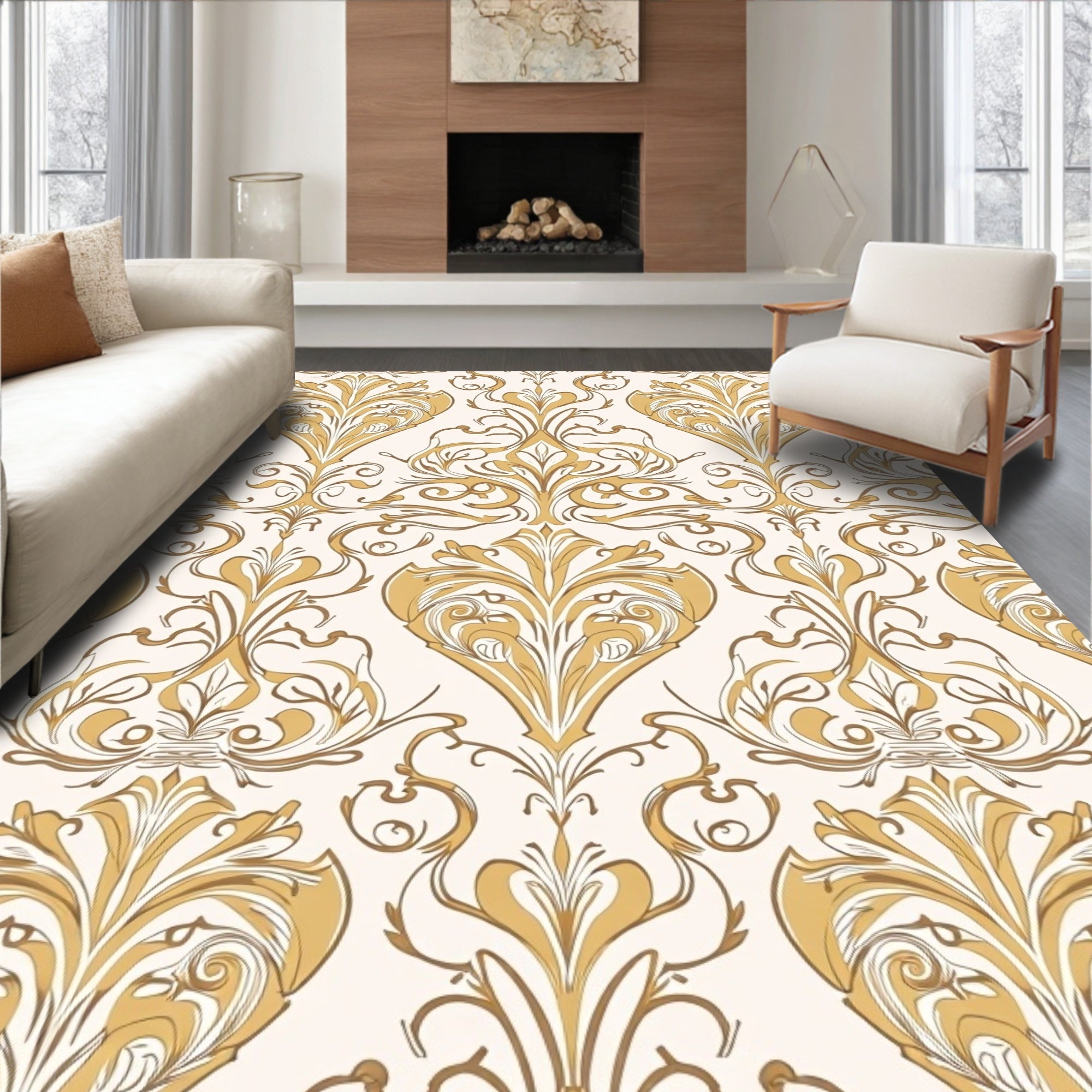 Gold Damask Flourish Pattern Rug