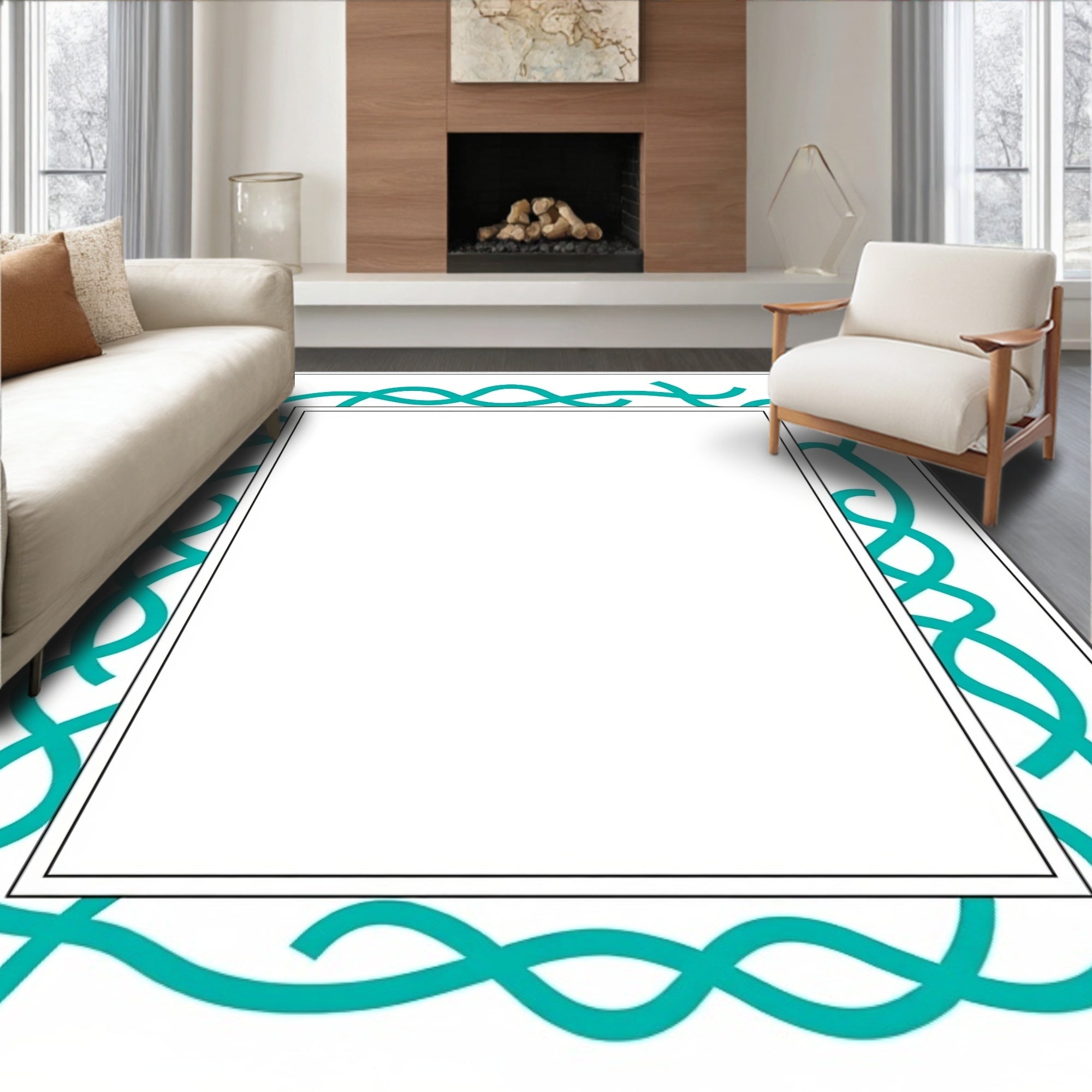 Modern Teal Wave Border Rug