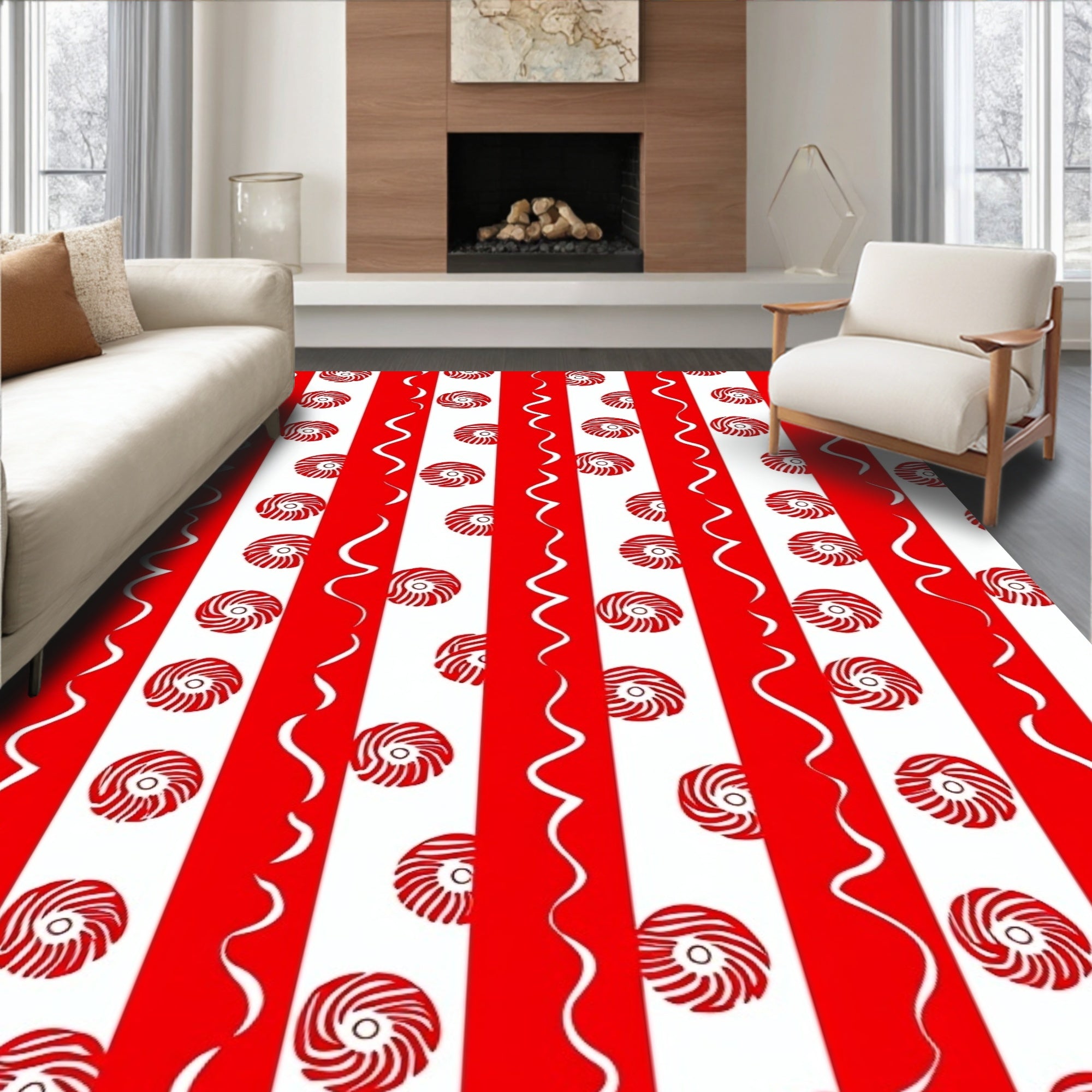 Red White Pinwheel Stripe Rug