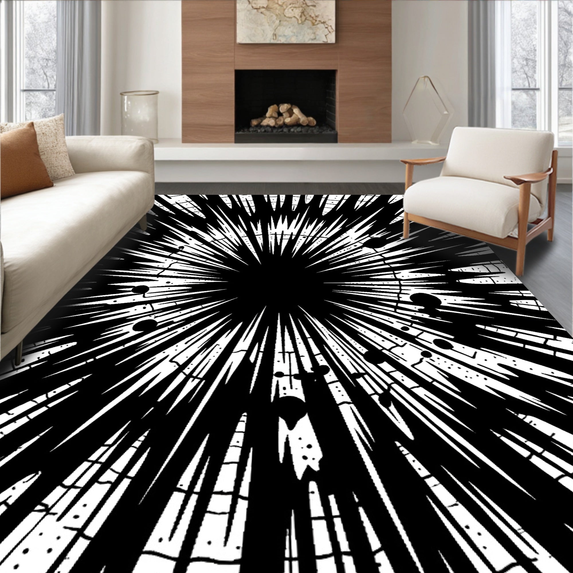 Dynamic Black White Burst Rug