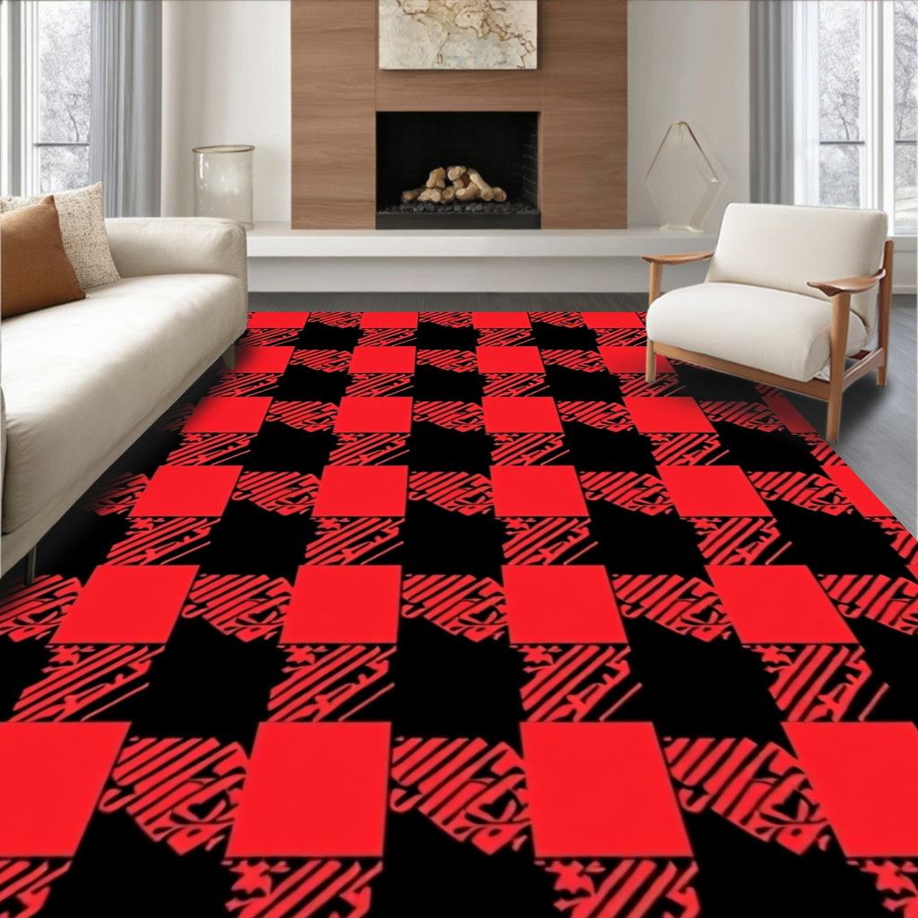 Bold Red Black Checkered Pattern Rug