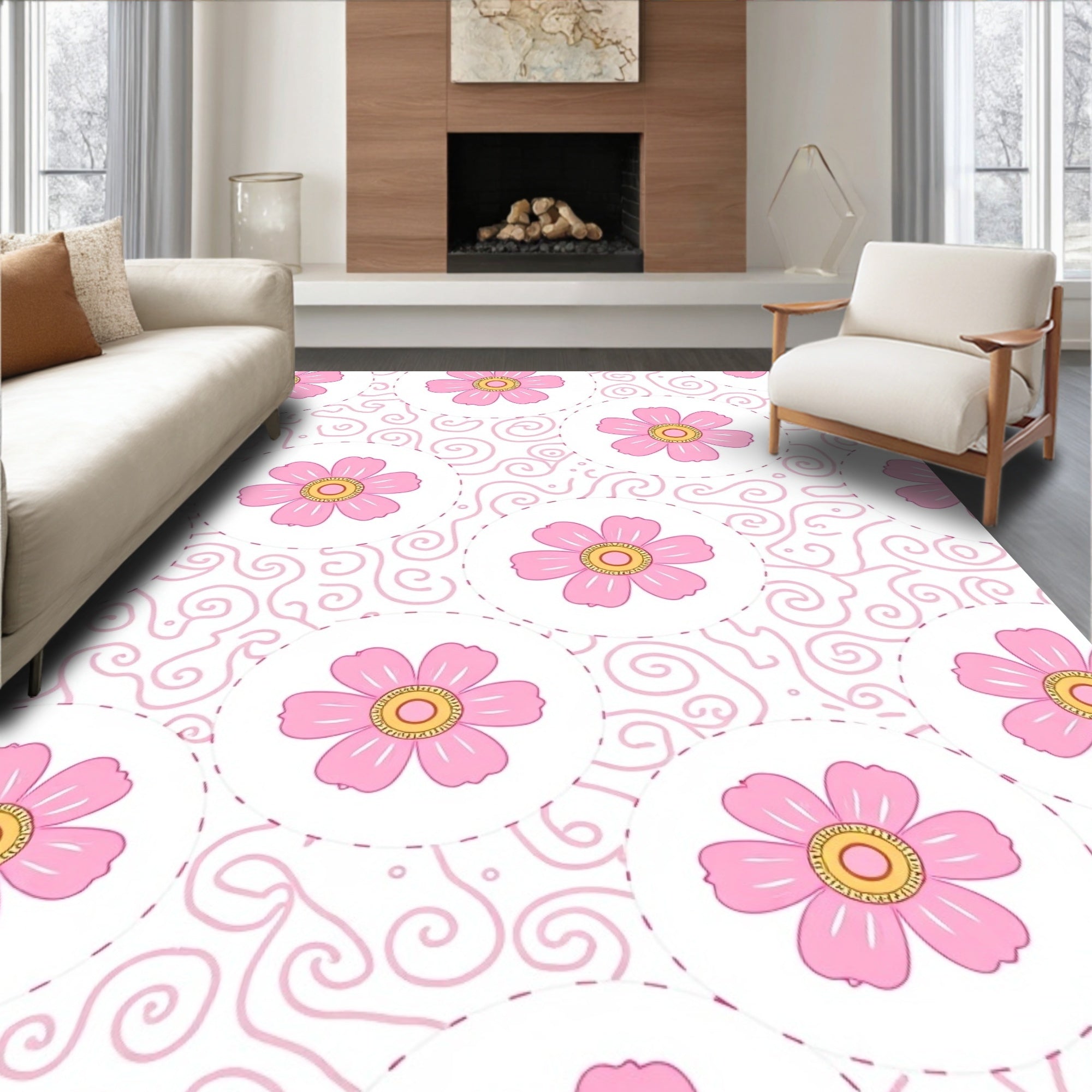 Pink Floral Swirl Pattern Rug
