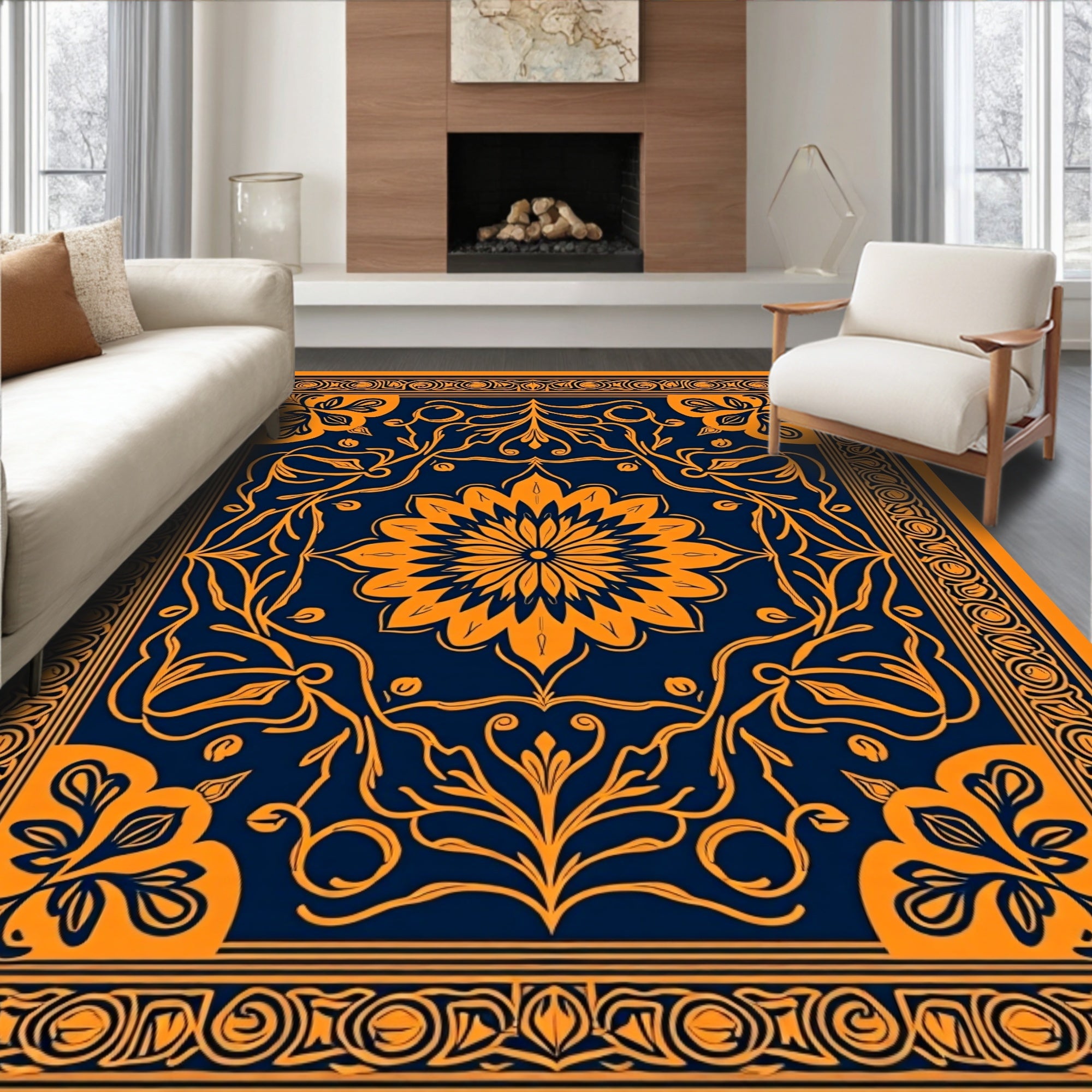 OrangeFloral Intricate Pattern Rug