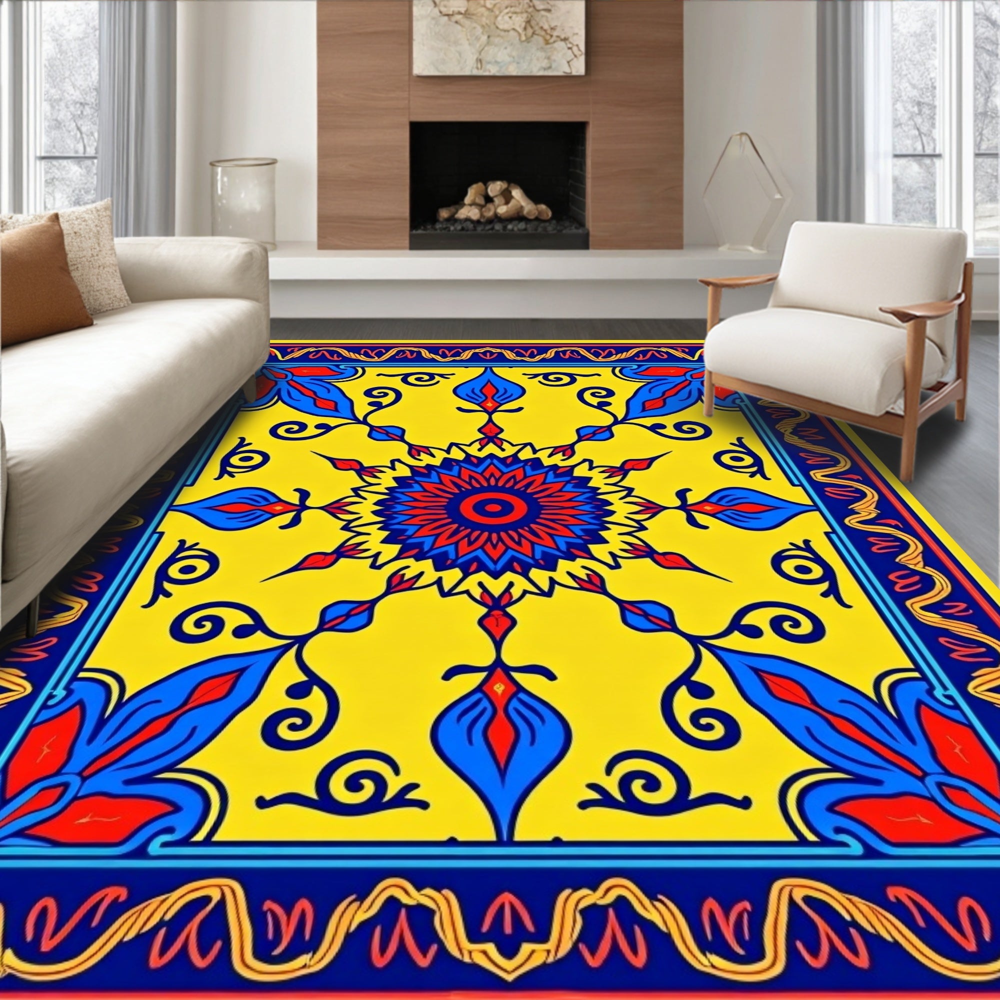 Vibrant Yellow Blue Floral Medallion Rug