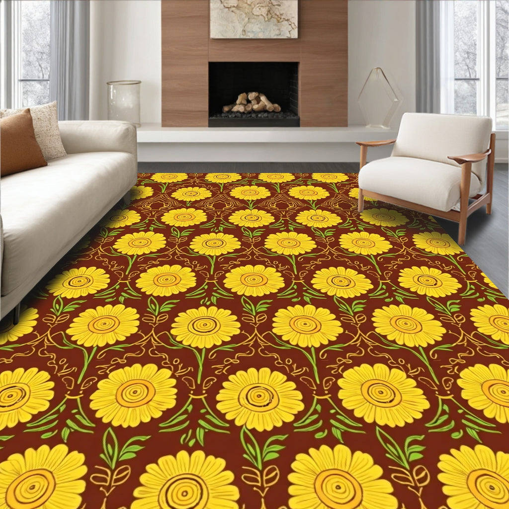 Whimsical Yellow Floral Line Art Rug