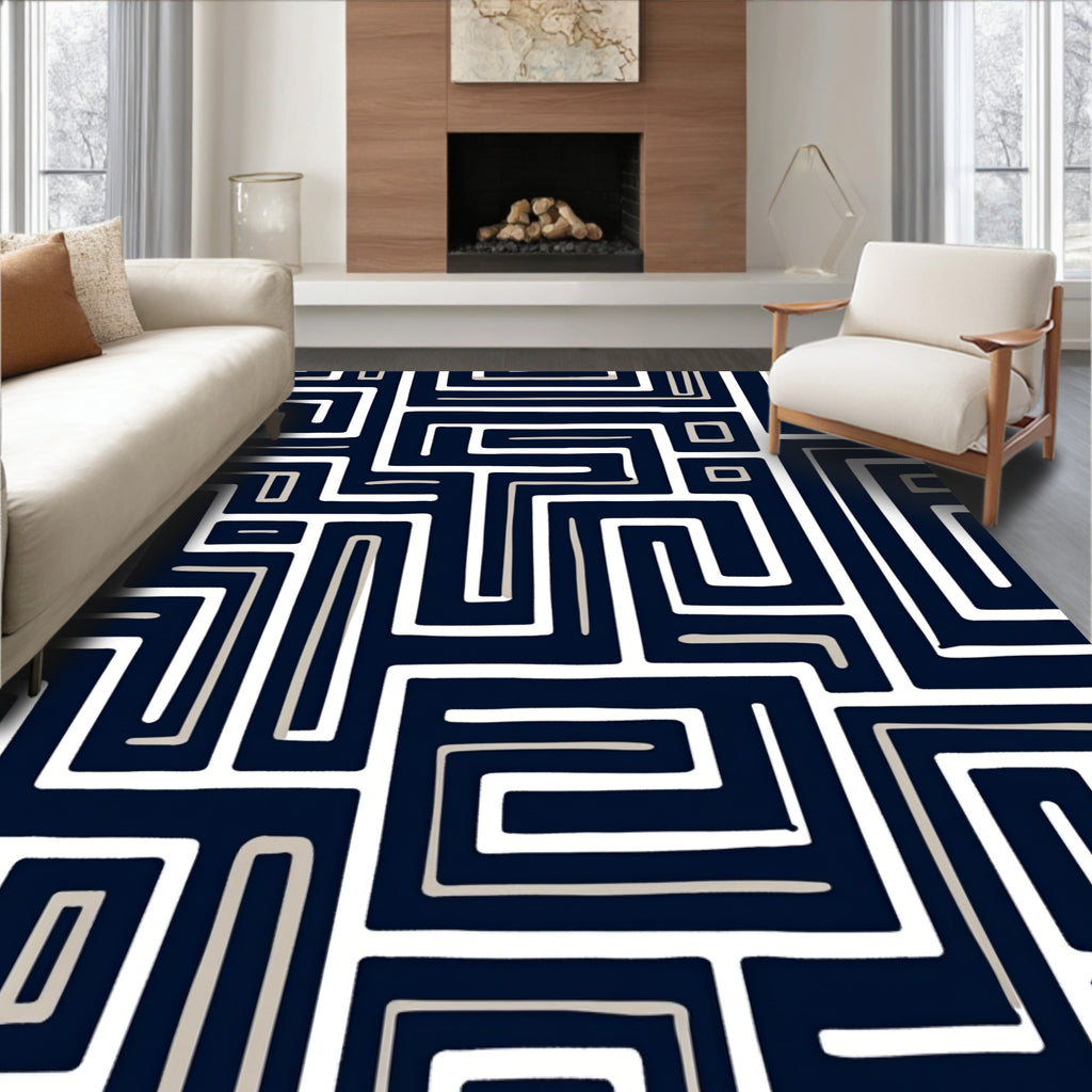 Maze Pattern White Sand Lines Rug