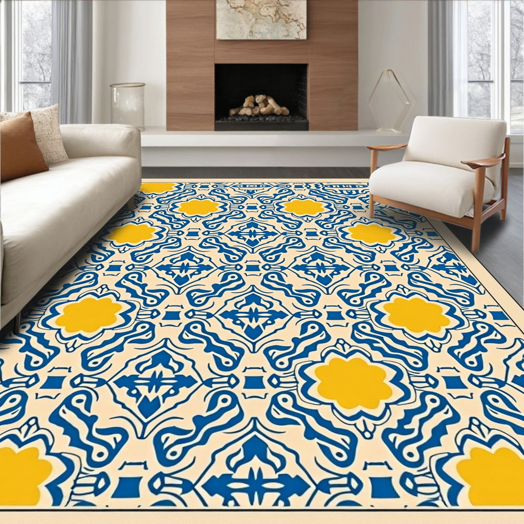 Blue Yellow Floral Medallion Geometric Design Rug