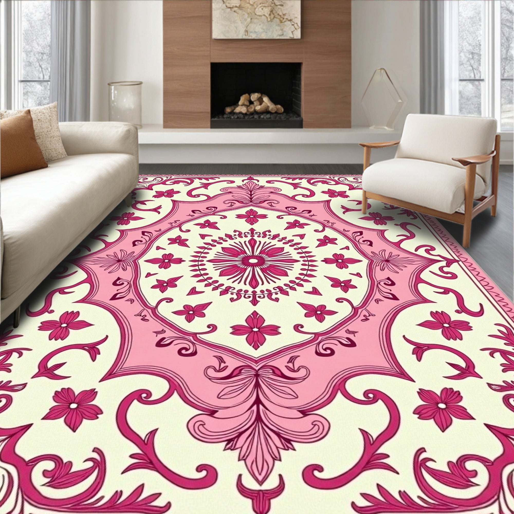 Ornate Floral Pink Damask Pattern Rug
