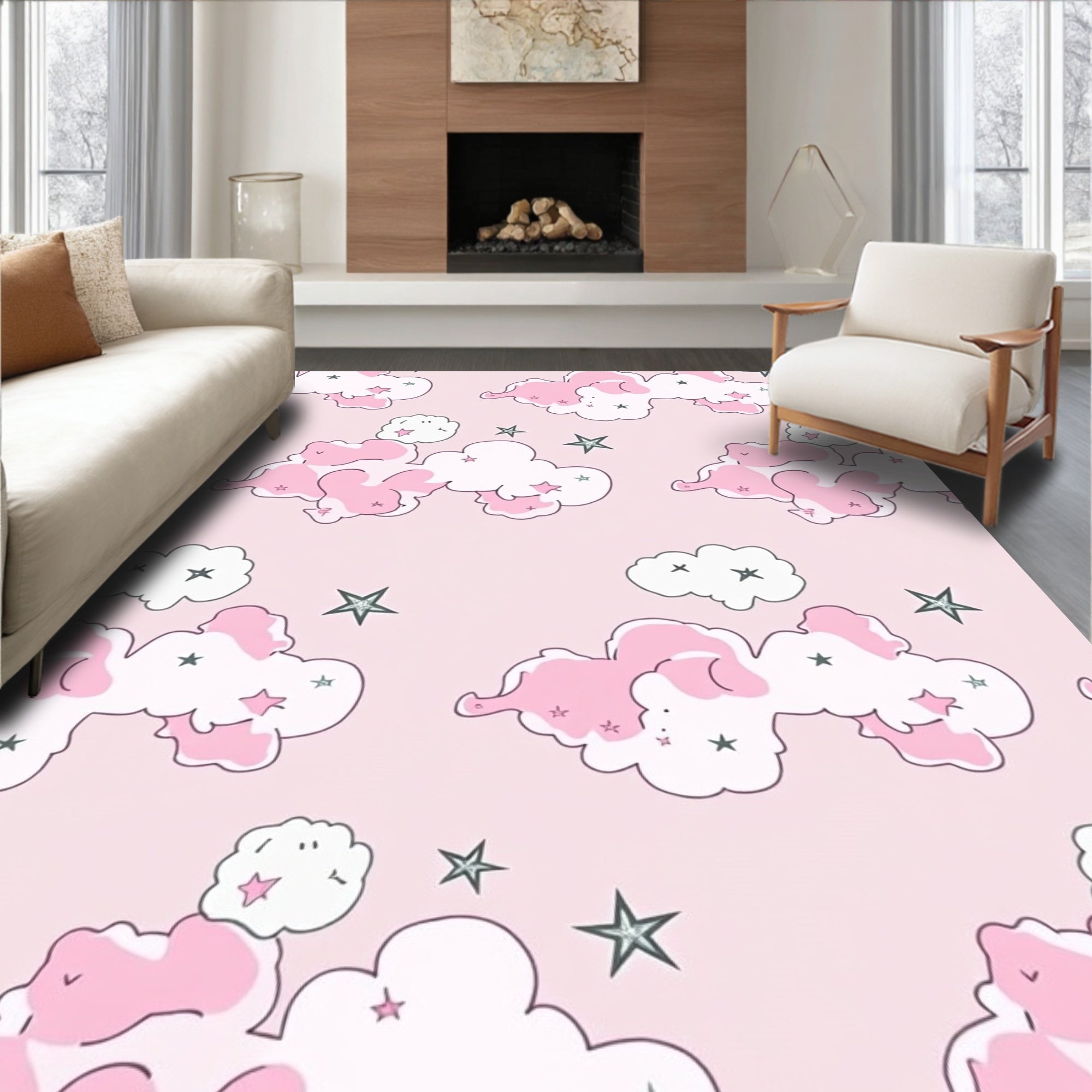 Pink Cloud And Star Pattern Rug