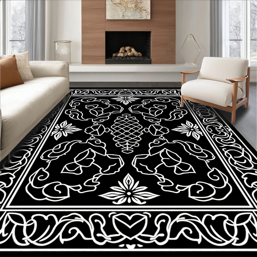 Black White Intricate Floral Scroll Rug