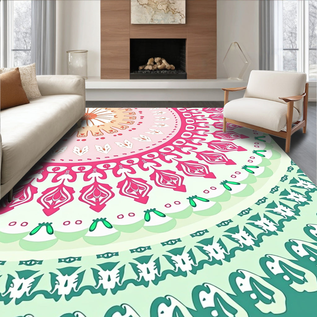 Mandala Floral Pattern With Pink Green Rug