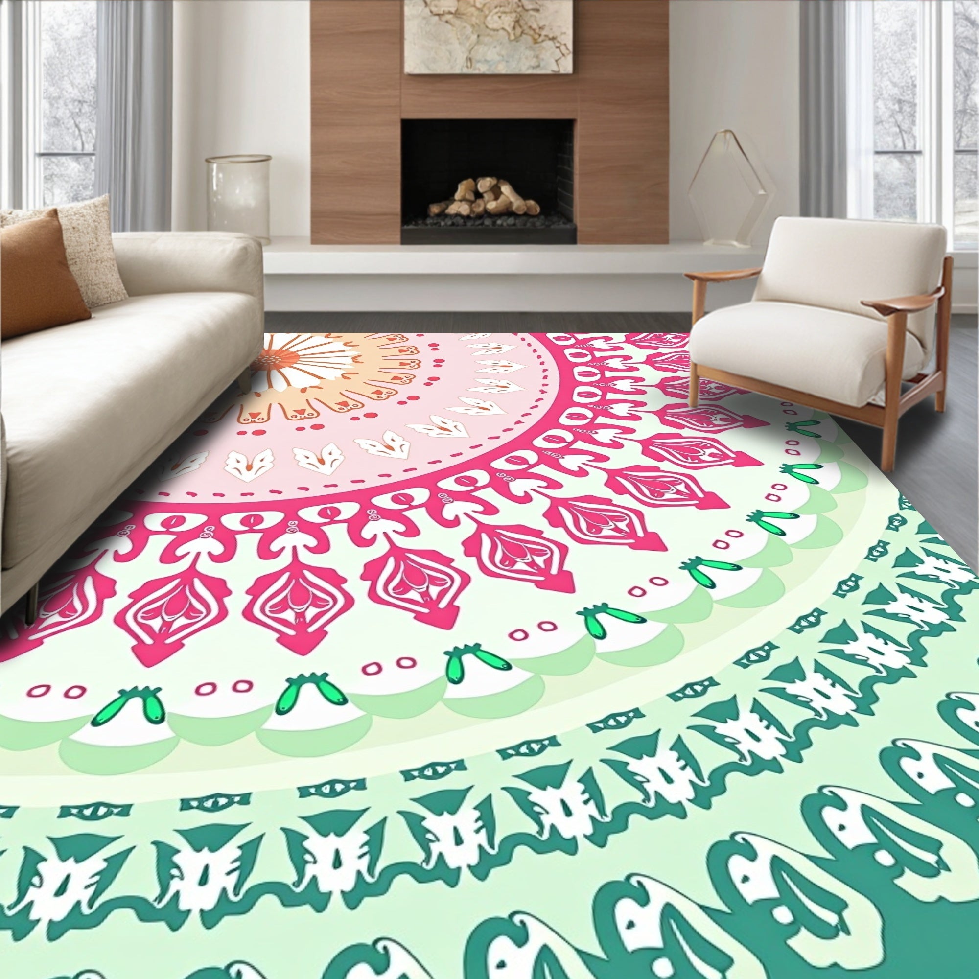 Mandala Floral Pattern With Pink Green Rug