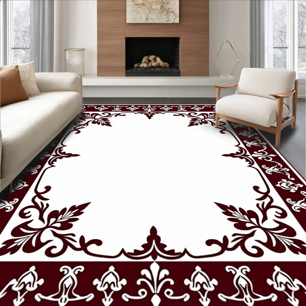 Rich Dark Red Ornate Scroll Border Rug