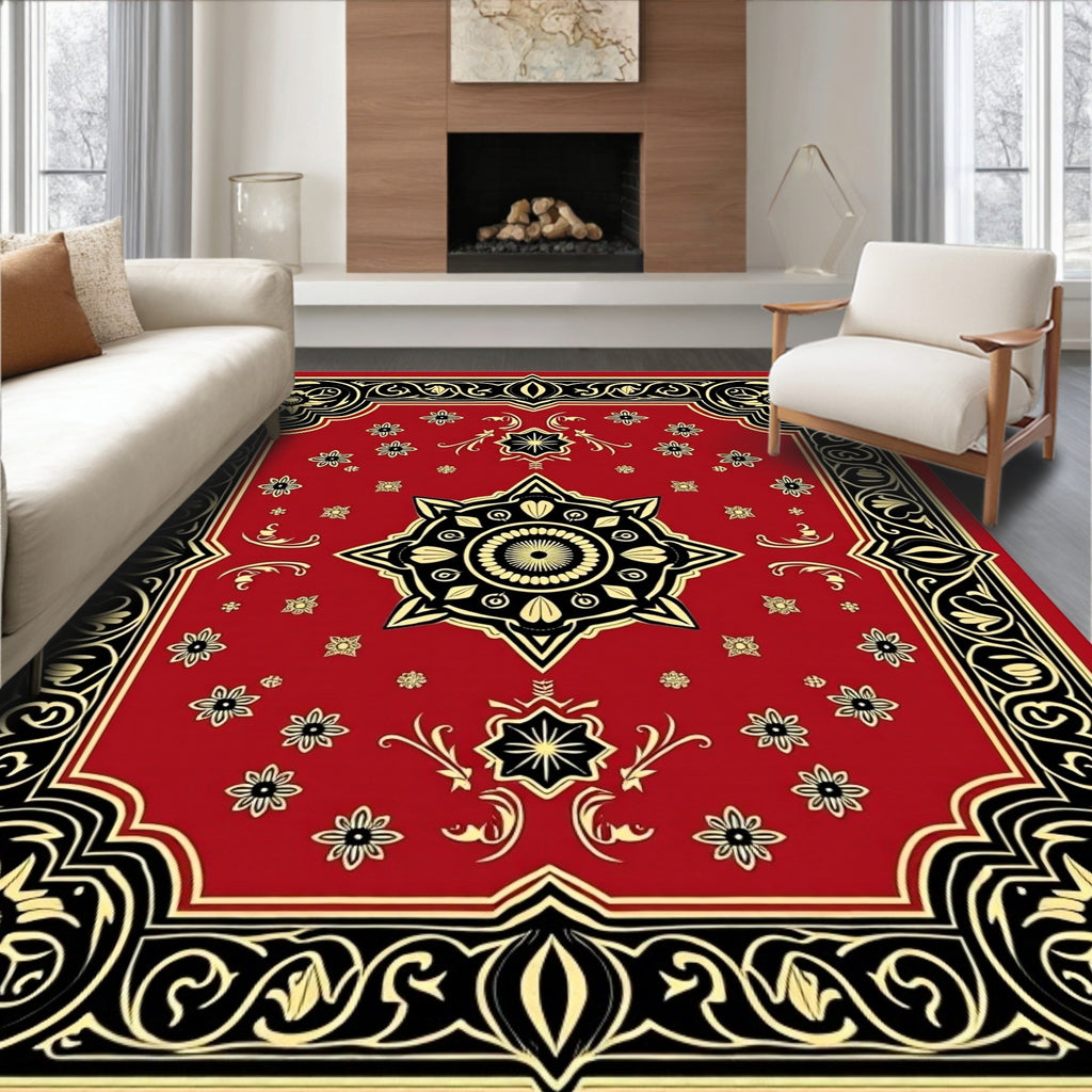 Intricate Red Floral Scroll Design Rug