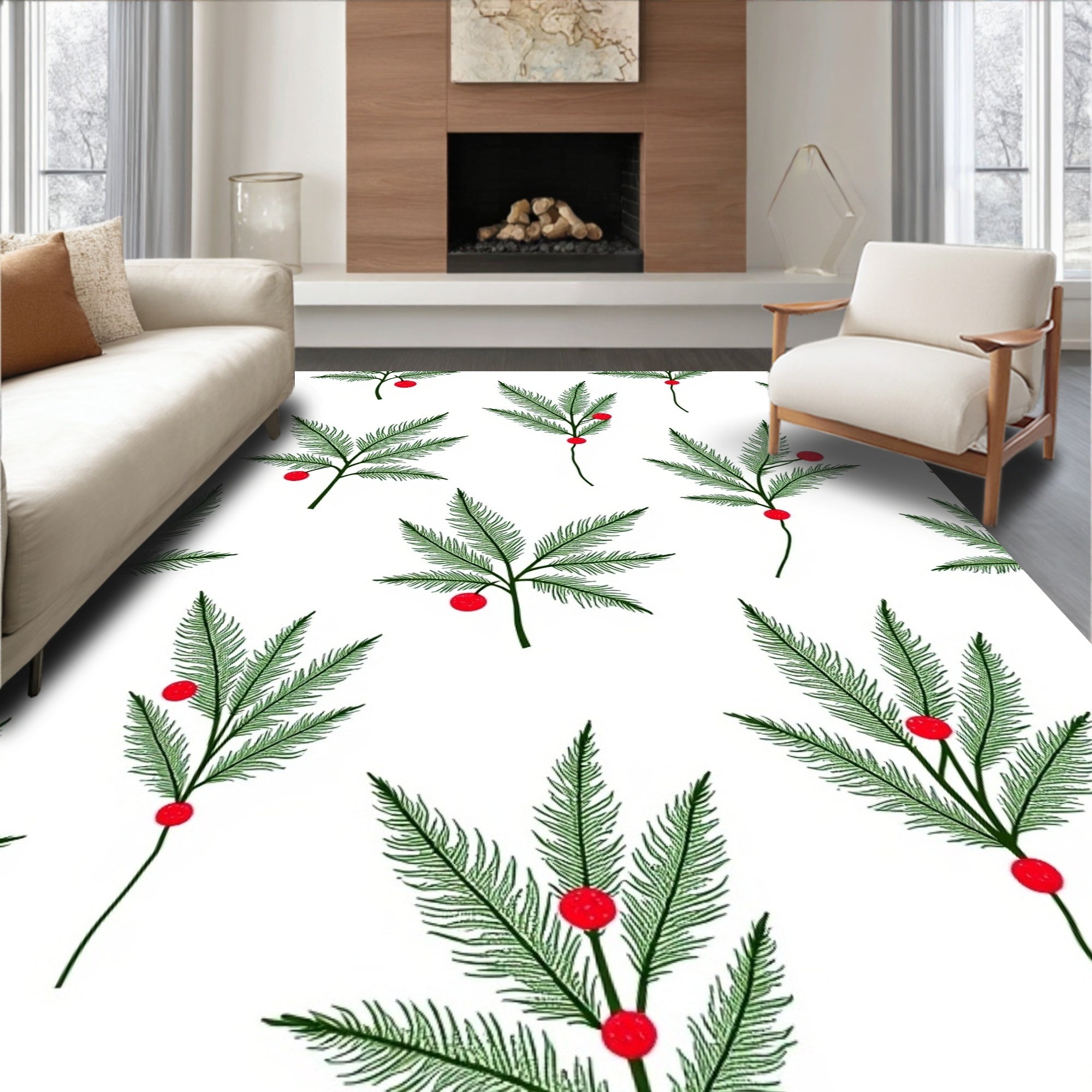 Green Festive Fern Berry Branches Rug