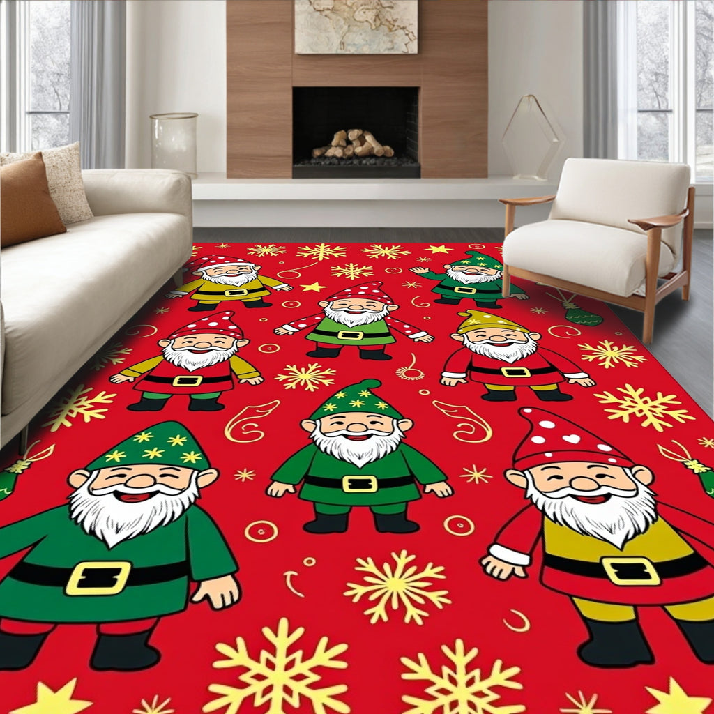 Whimsical Christmas Gnomes Snowflakes Red Rug