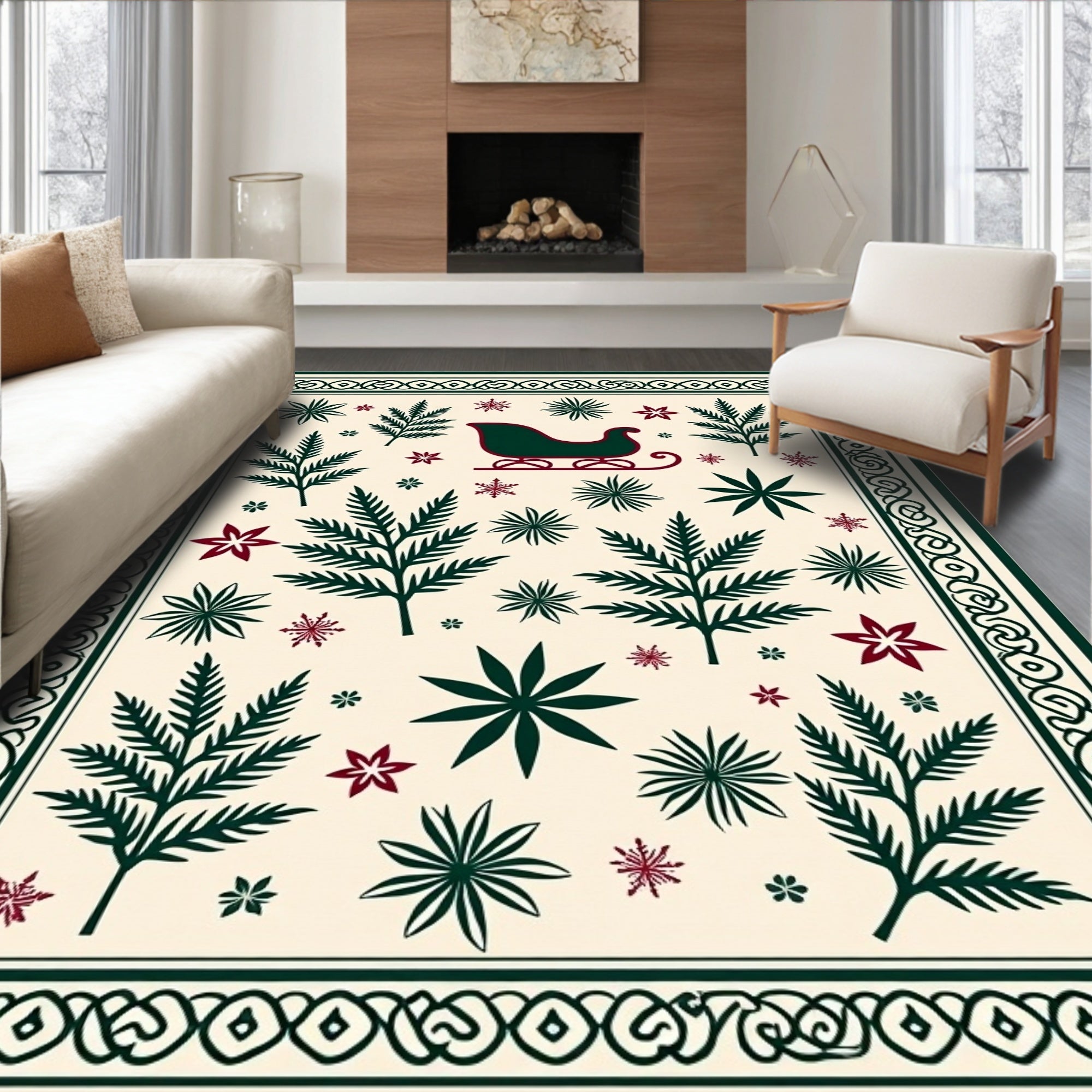 Winter Sleigh And Leaf Pattern Rug