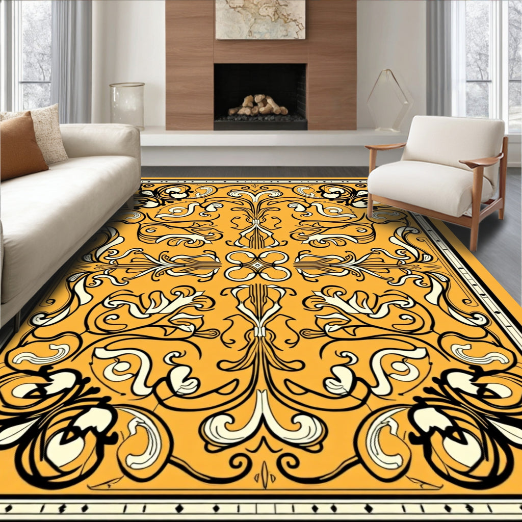 Retro Floral Swirls Ivory Design Rug