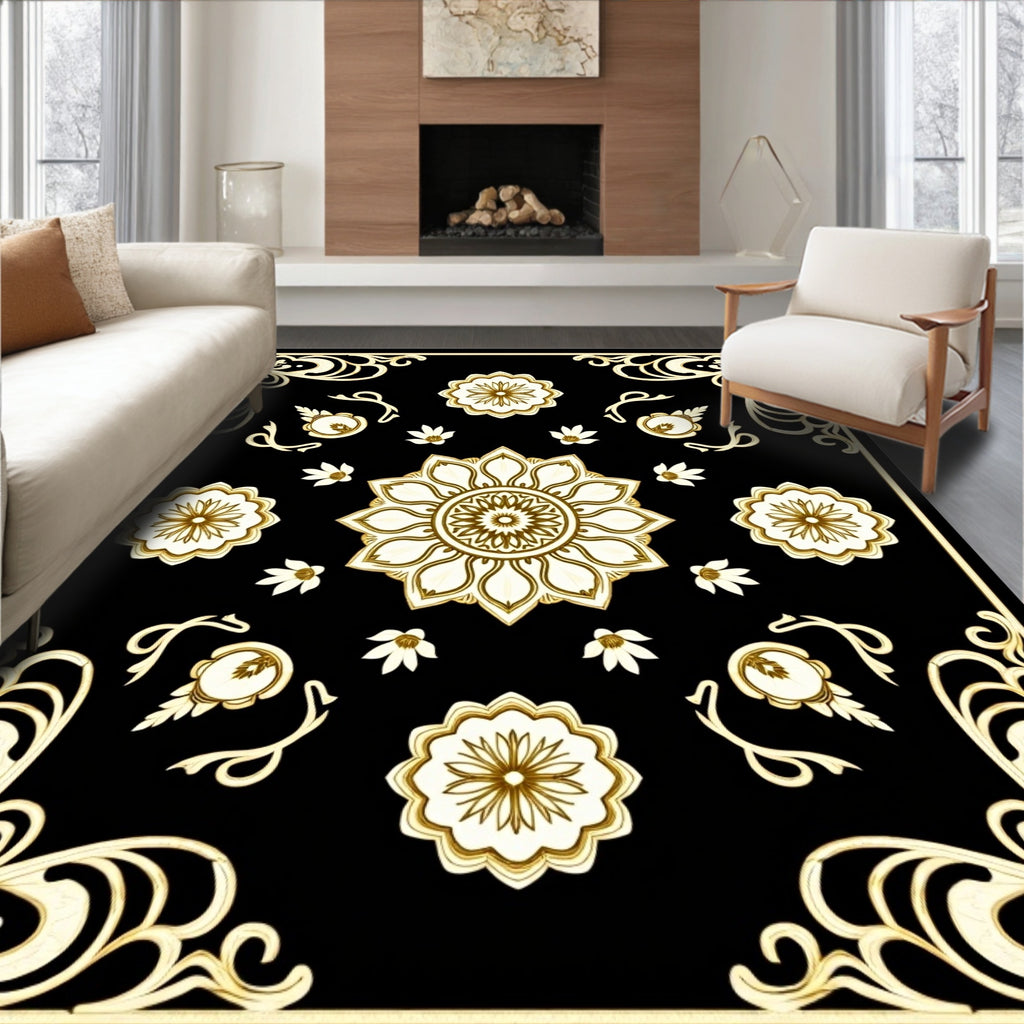 Ornate Black Gold Floral Pattern Rug