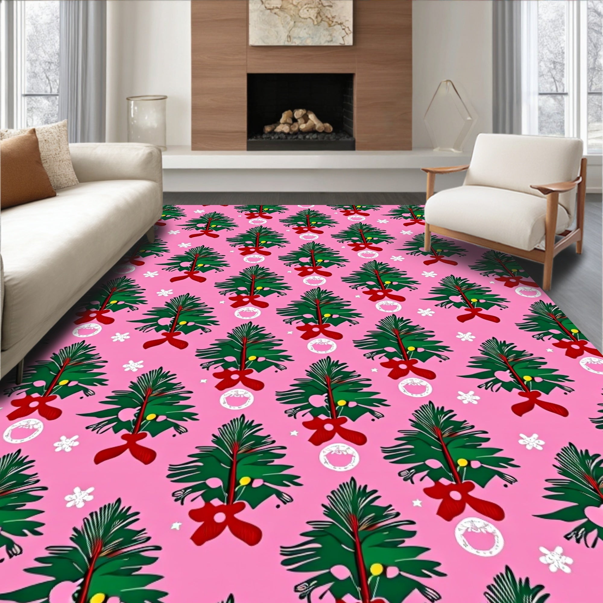 Pink Christmas Tree Garland Rug