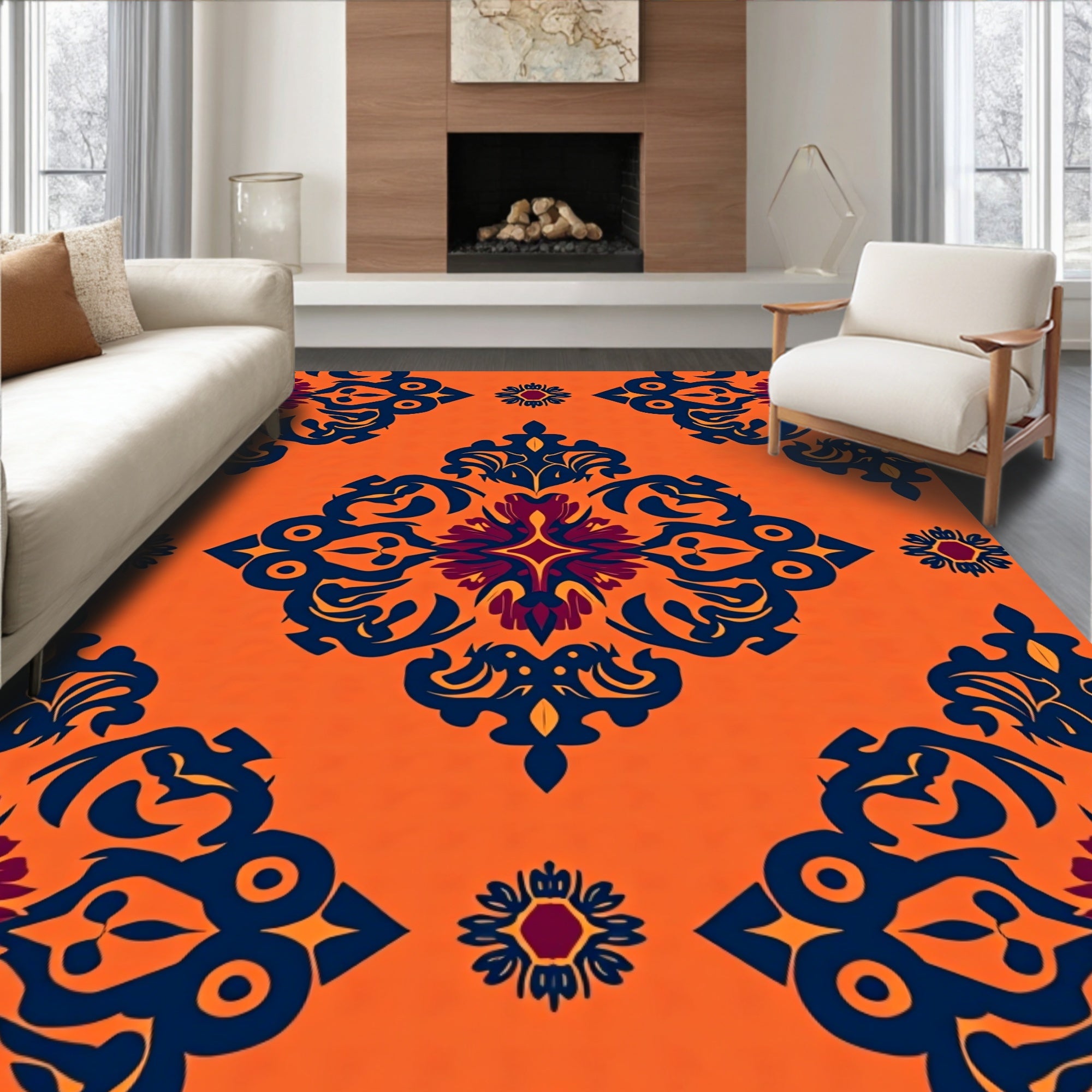 Orange Navy Floral Arabesque Rug