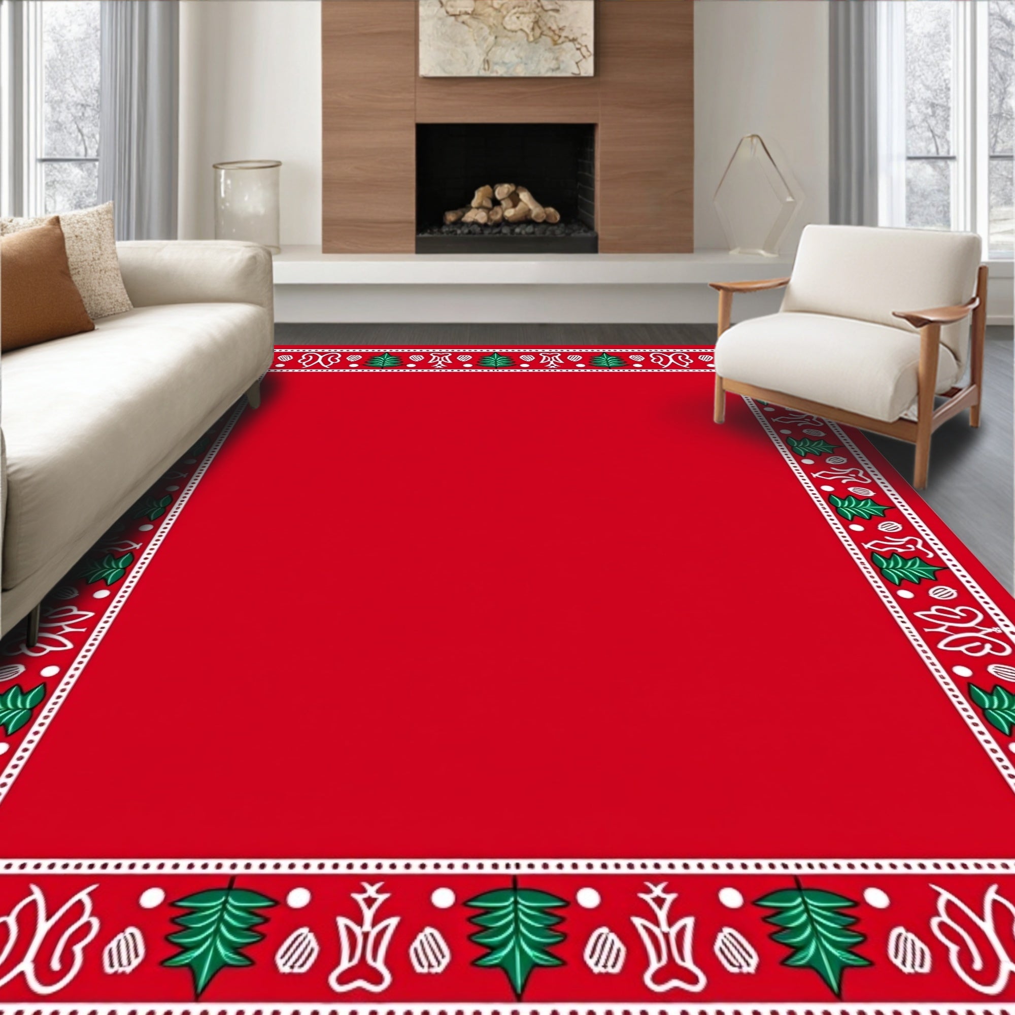 Festive Red Christmas Tree Border Rug