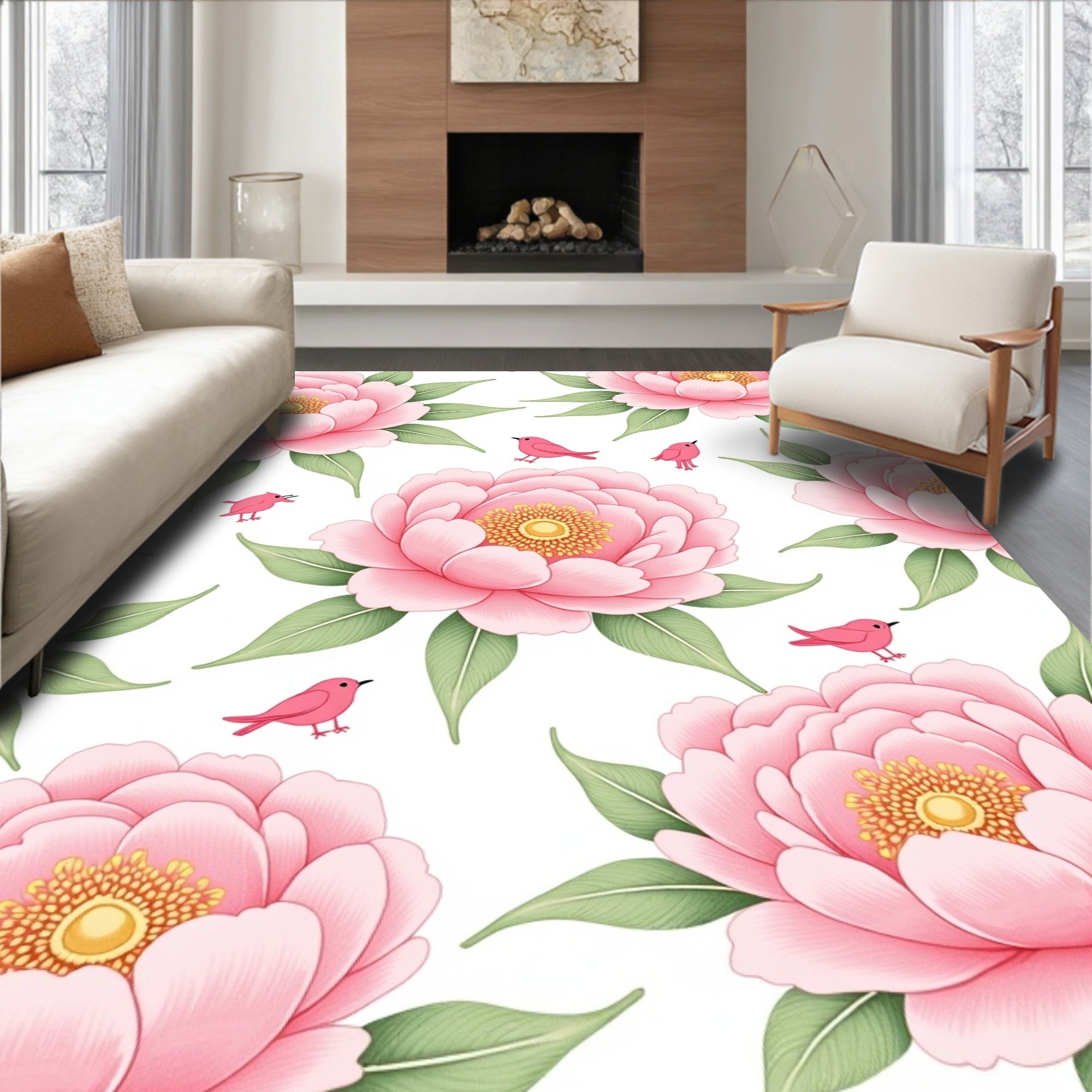 Pink Peony and Bird Pattern Rug