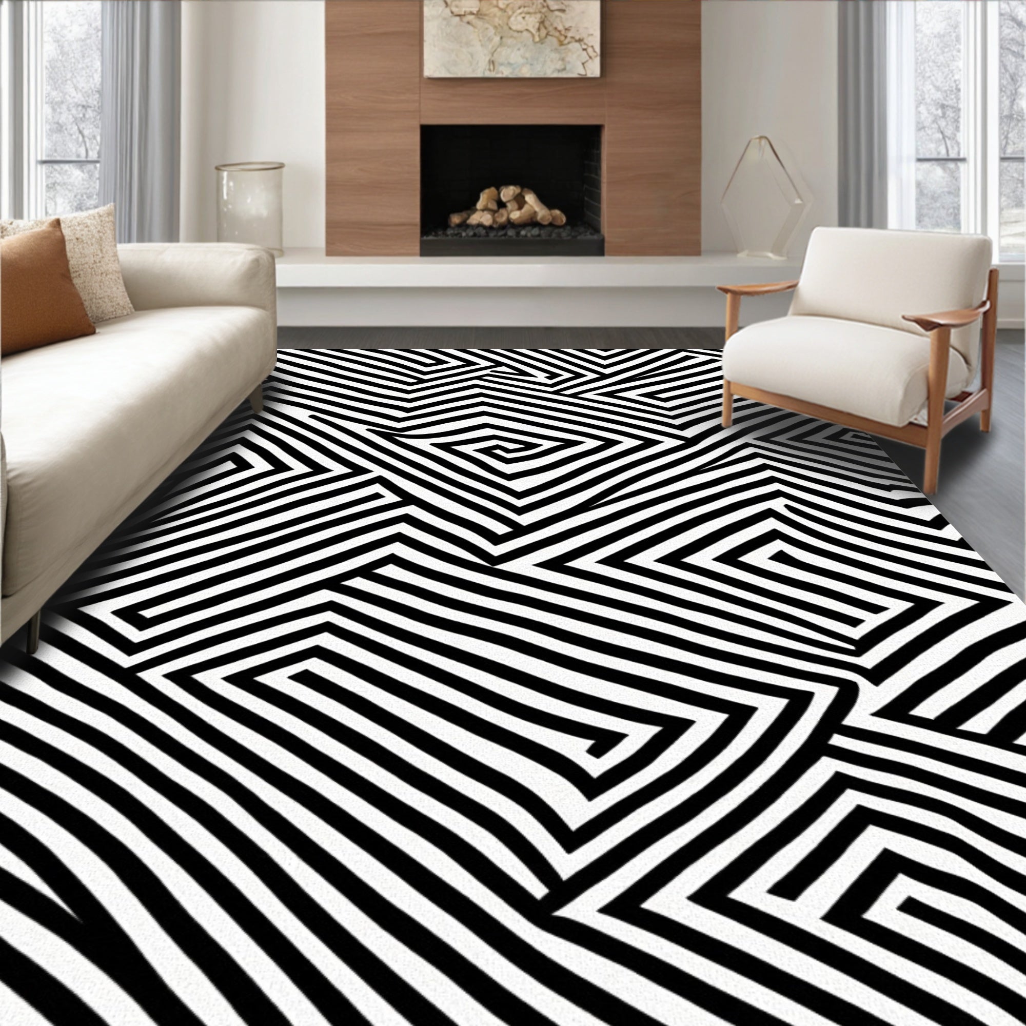 Black White Parallel Line Maze Design Rug