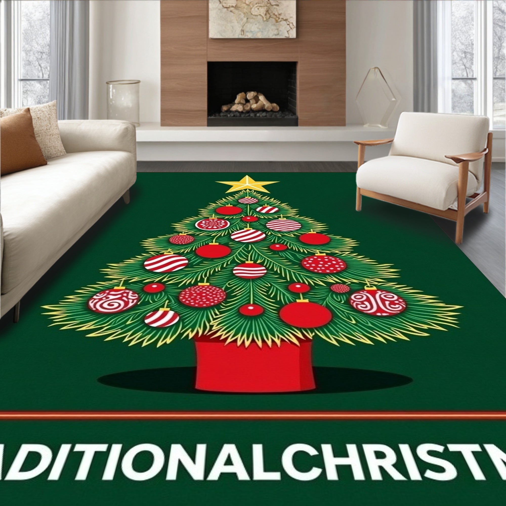 Festive Red Ball Christmas Tree Rug