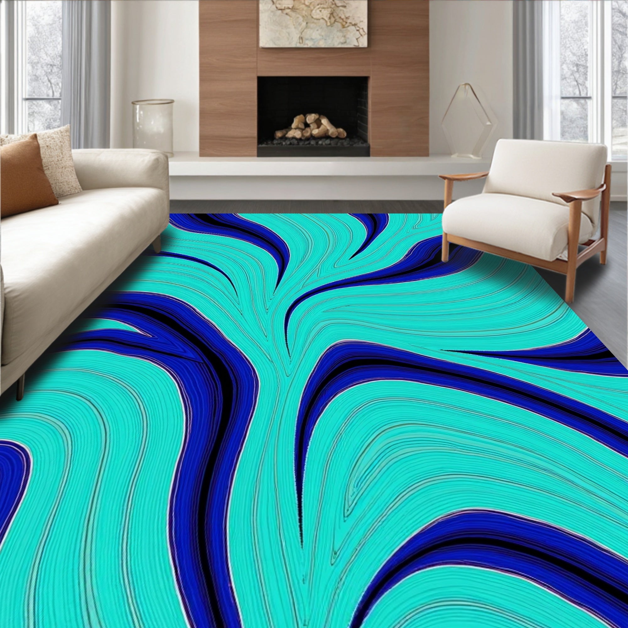 Abstract Blue Aqua Swirl Pattern Rug
